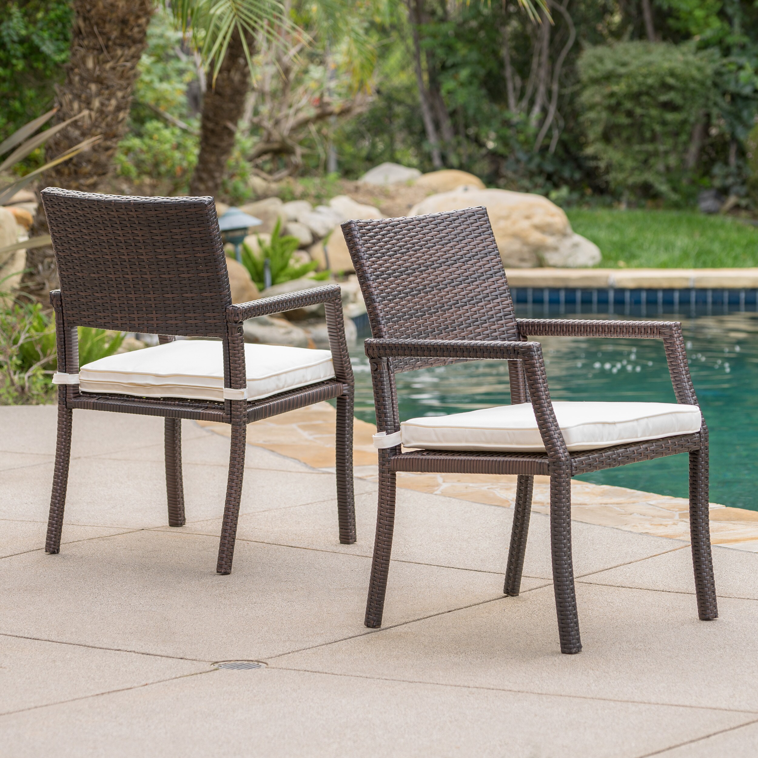 Set of 2 Brown Wicker Outdoor Dining Chairs with Cushions