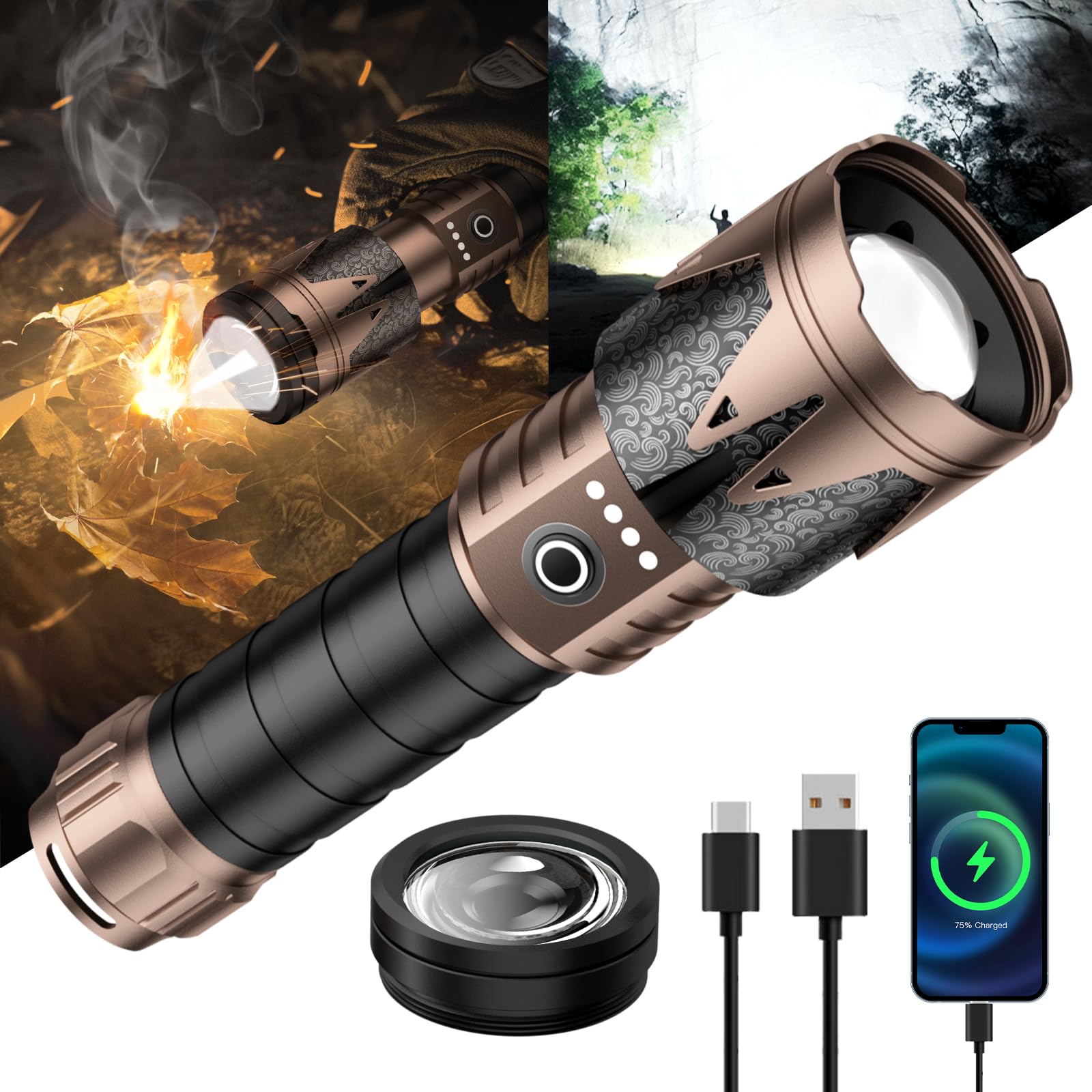 Linder Group Inc LED flashlight high lumens 5000 zoomable six modes waterproof camping flashlight emergency home outdoor survival ignition focus lens
