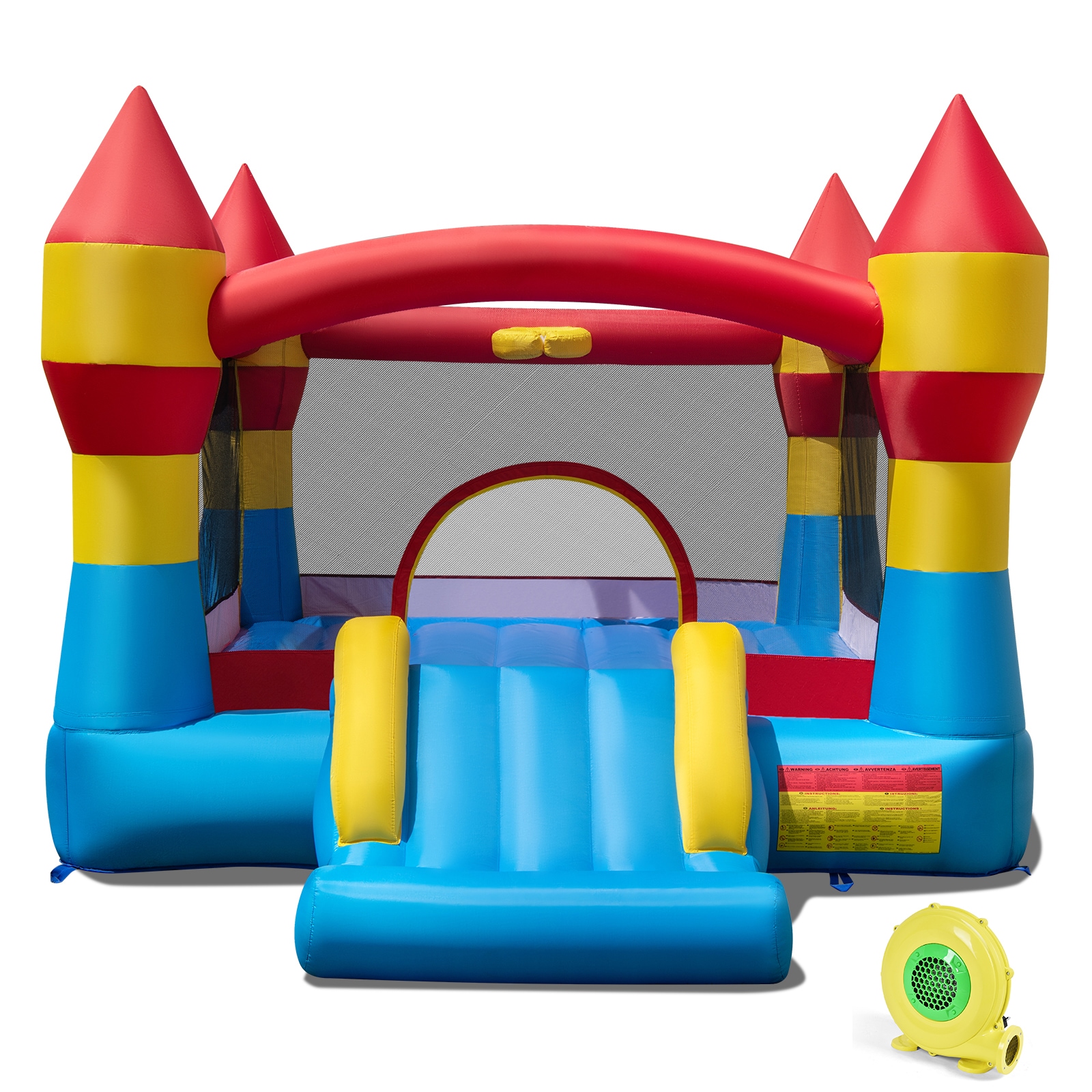 Slickblue D-CO-28642PE+26317PO 12.46 ft Oxford Cloth Inflatable Bounce House with Slide Basketball Hoop and 480W Blower - Multicolor