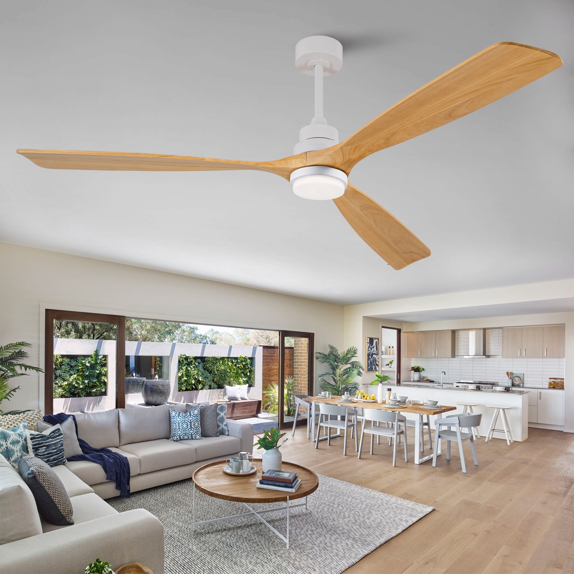 JUSHUA 72 Inch Modern Ceiling Fan With 3 Color Dimmable 3 Solide Wood Blades Remote Control Reversible DC Motor With Led Light