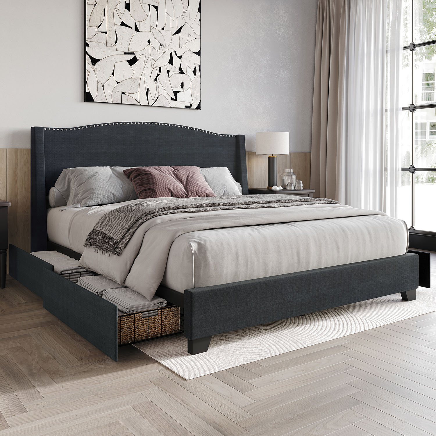 CasePiece C8530QPLS-CGY-LN Charcoal Grey Queen Wood Platform Bed with Storage