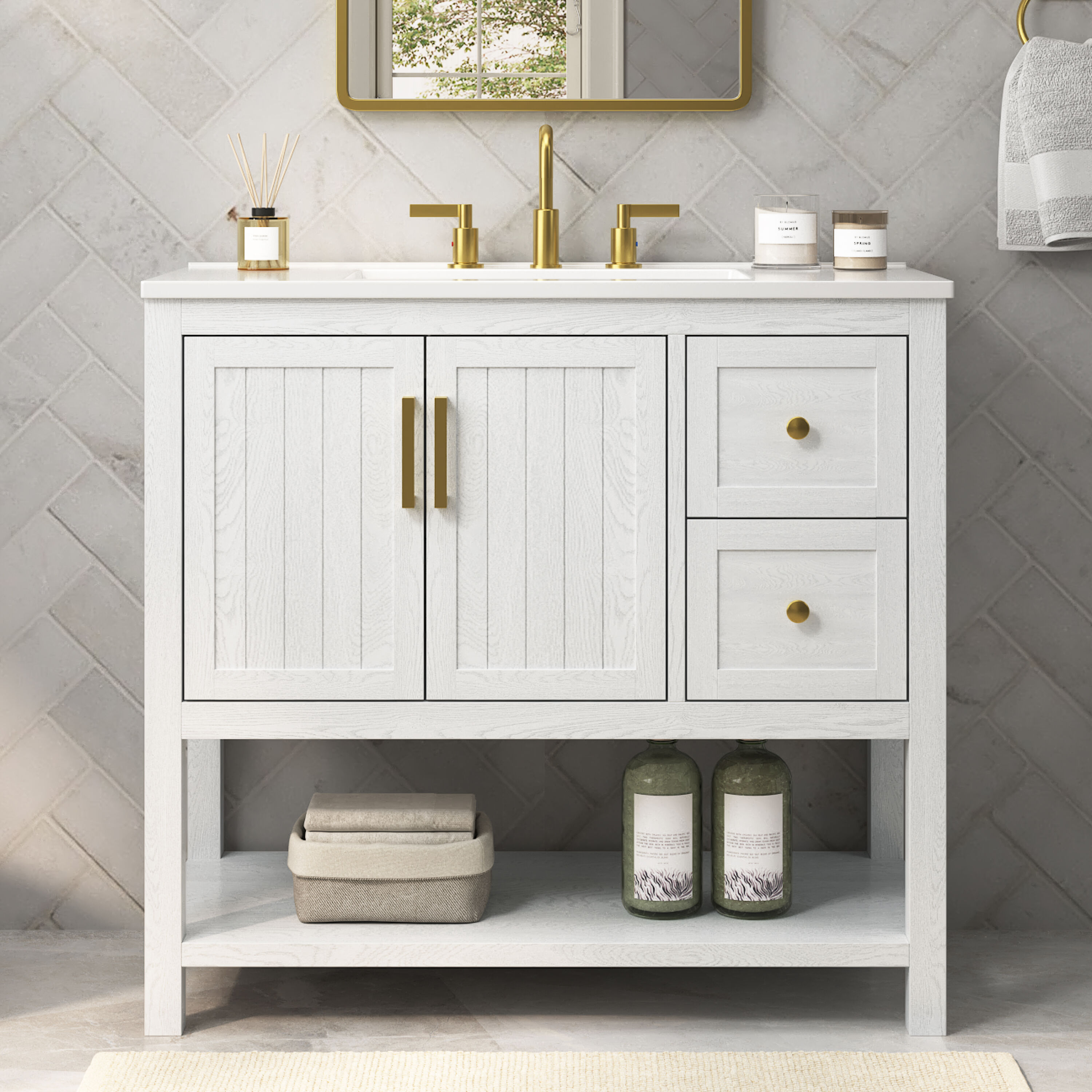 DELUXE LIVING V25043KD-36WG Pro 36-in White Single Sink Bathroom Vanity with White Solid Surface Top