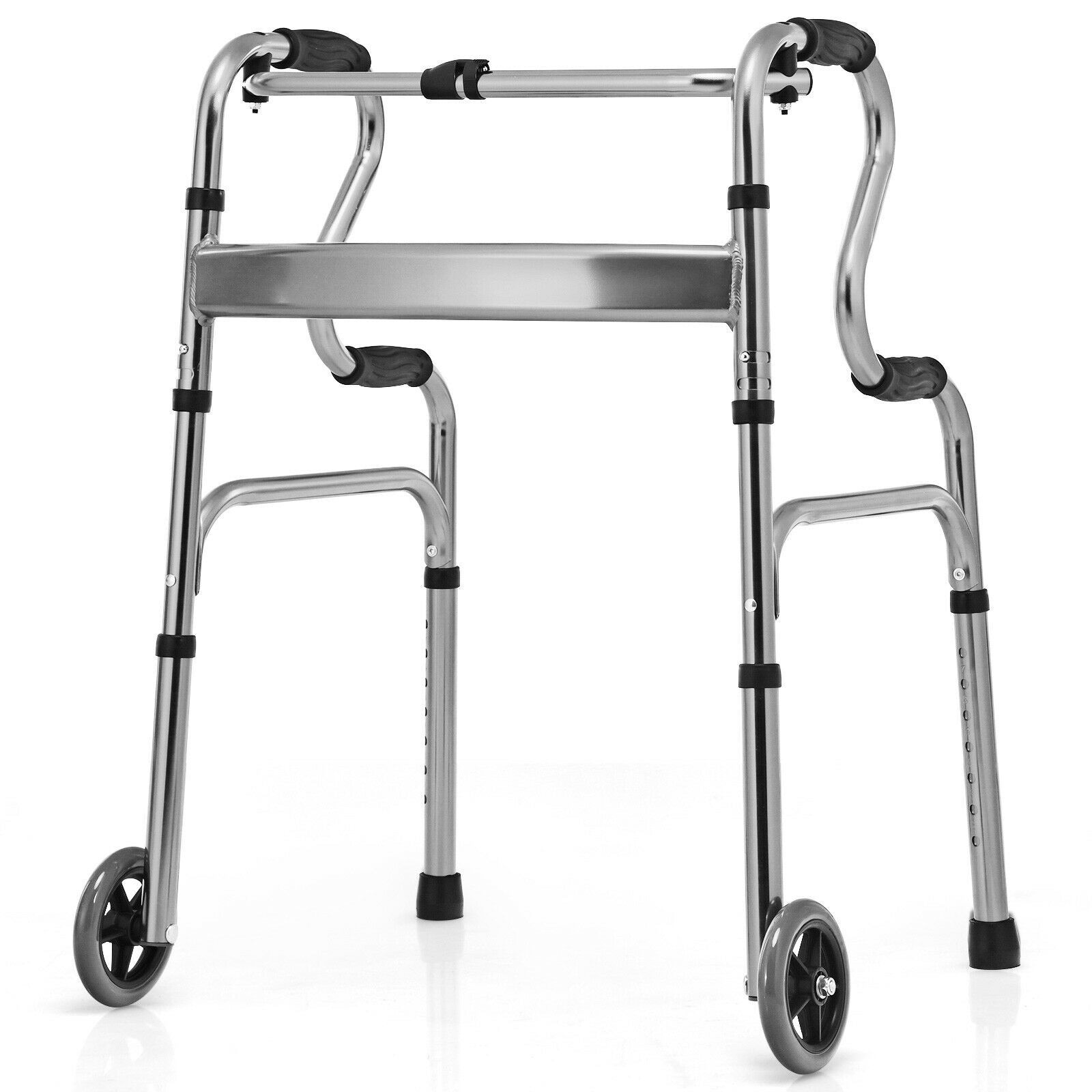 Slickblue Silver Height Adjustable Folding Mobility Walker with Two Walking Modes and Textured Grips for Indoor and Outdoor Support