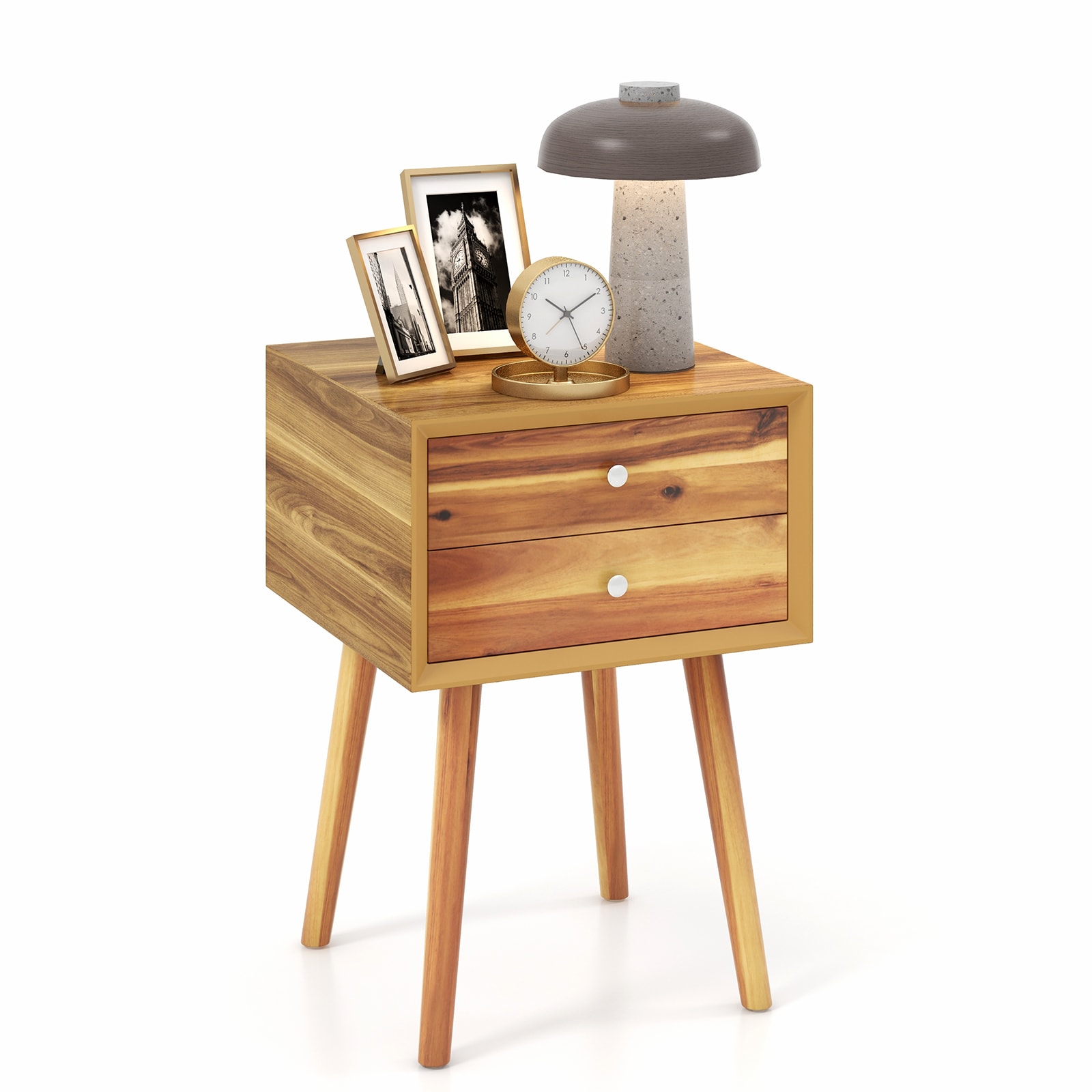 Slickblue D-CO-AN00836WH Mid-Century- Solid Wood and MDF Nightstand End Table with 2 Drawers for Bedroom Living Room or Office Use - Black/ White/ Brown/ Natural