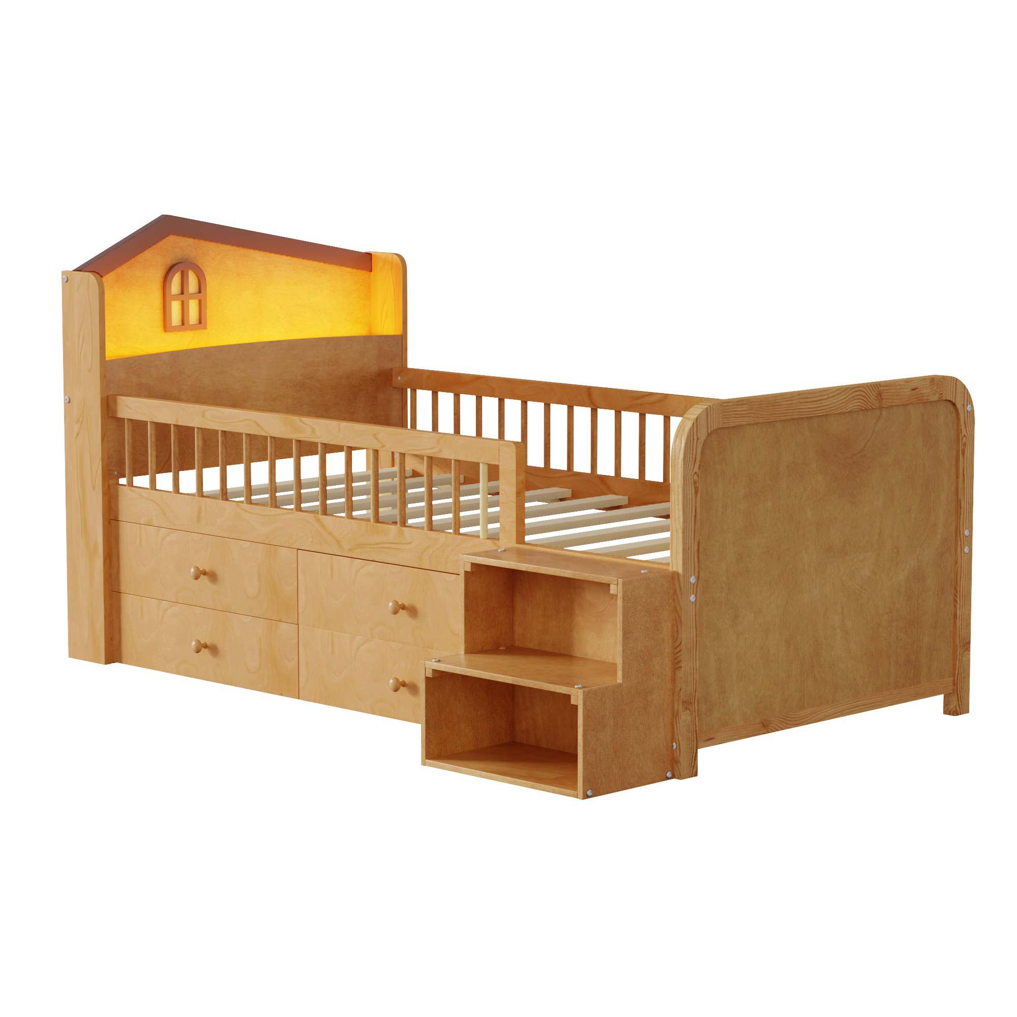 Vynxaria  Twin Low Loft Bed House Shape Headboard 4 Storage Drawers Solid Wood natural Kids Loft Bed with Guardrails Stairs