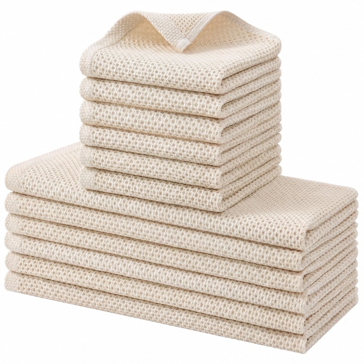 Etokfoks  Beige Waffle Weave Cotton Kitchen Towels and Dishcloths Set Ultra Absorbent Quick Drying 12 Pack