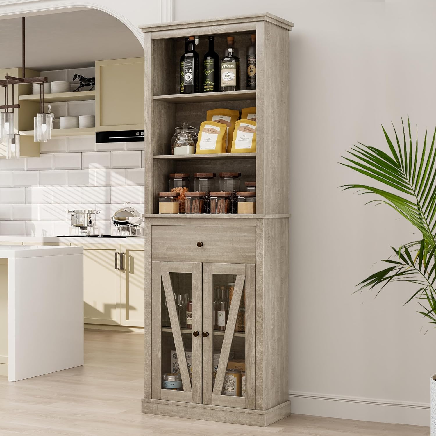 Qeetex QPOPHO15P5OMK5 665 Inch Farmhouse Tall Storage Cabinet Slim Five Tier Wooden Bookcase with Glass Doors and Drawer Grey Wood Finish