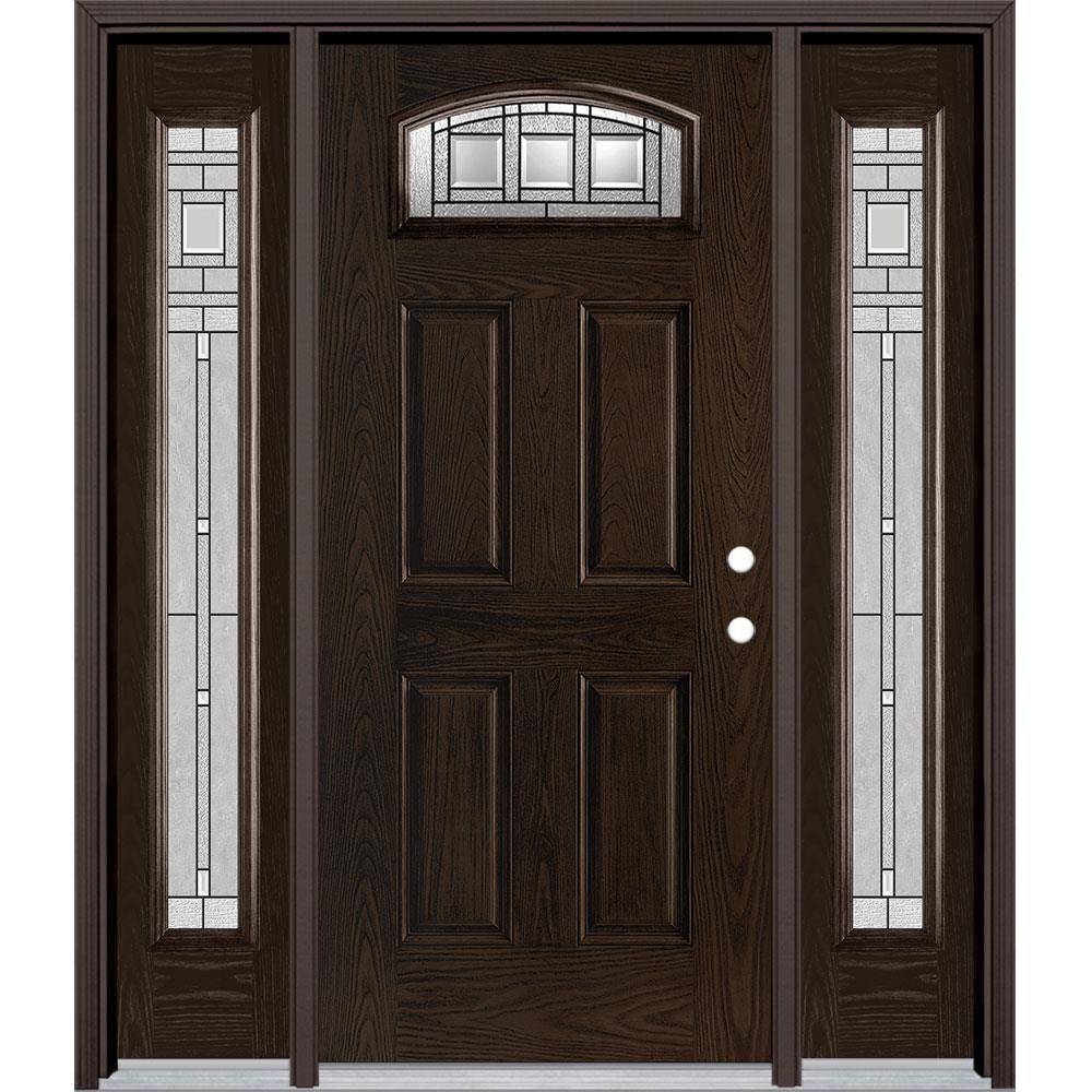 Masonite 2572105 Craftsman 64-in x 80-in Fiberglass Center Arch Lite Left-Hand Inswing Walnut Stained Single Front Door with Sidelights with Brickmould Insulating Core