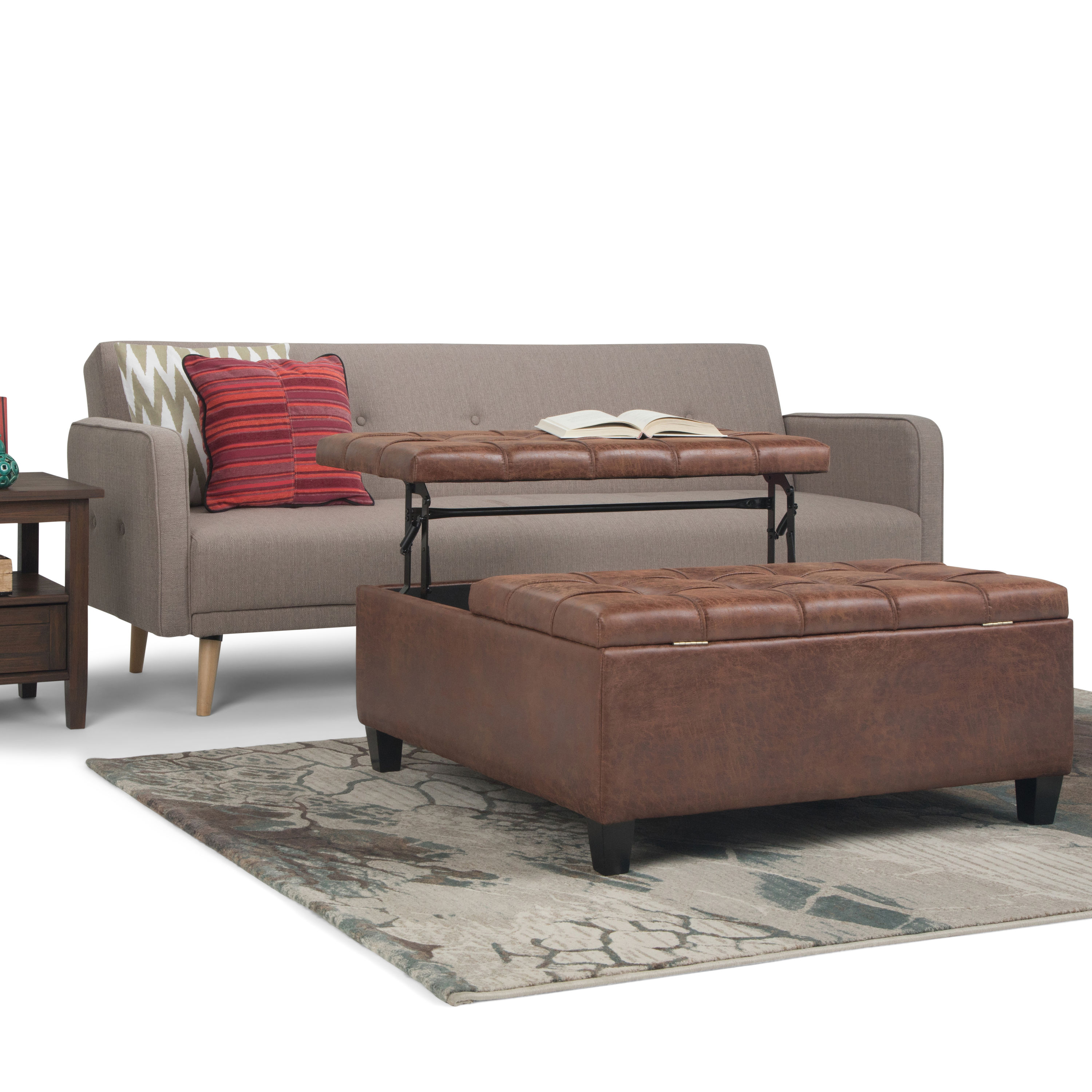 Simpli Home Owen Tray Top Small Coffee Table Storage Ottoman in Distressed Grey Faux Leather