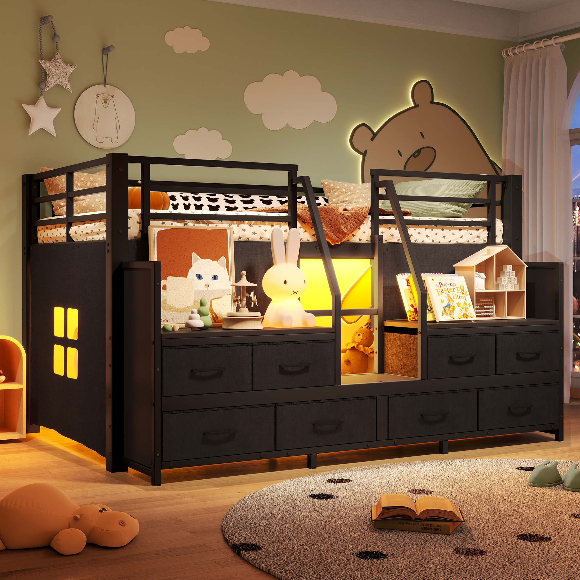 Bellemave - Twin Low Loft Bed with Multi-Storage Spaces Drawers Shelves and Lights Black