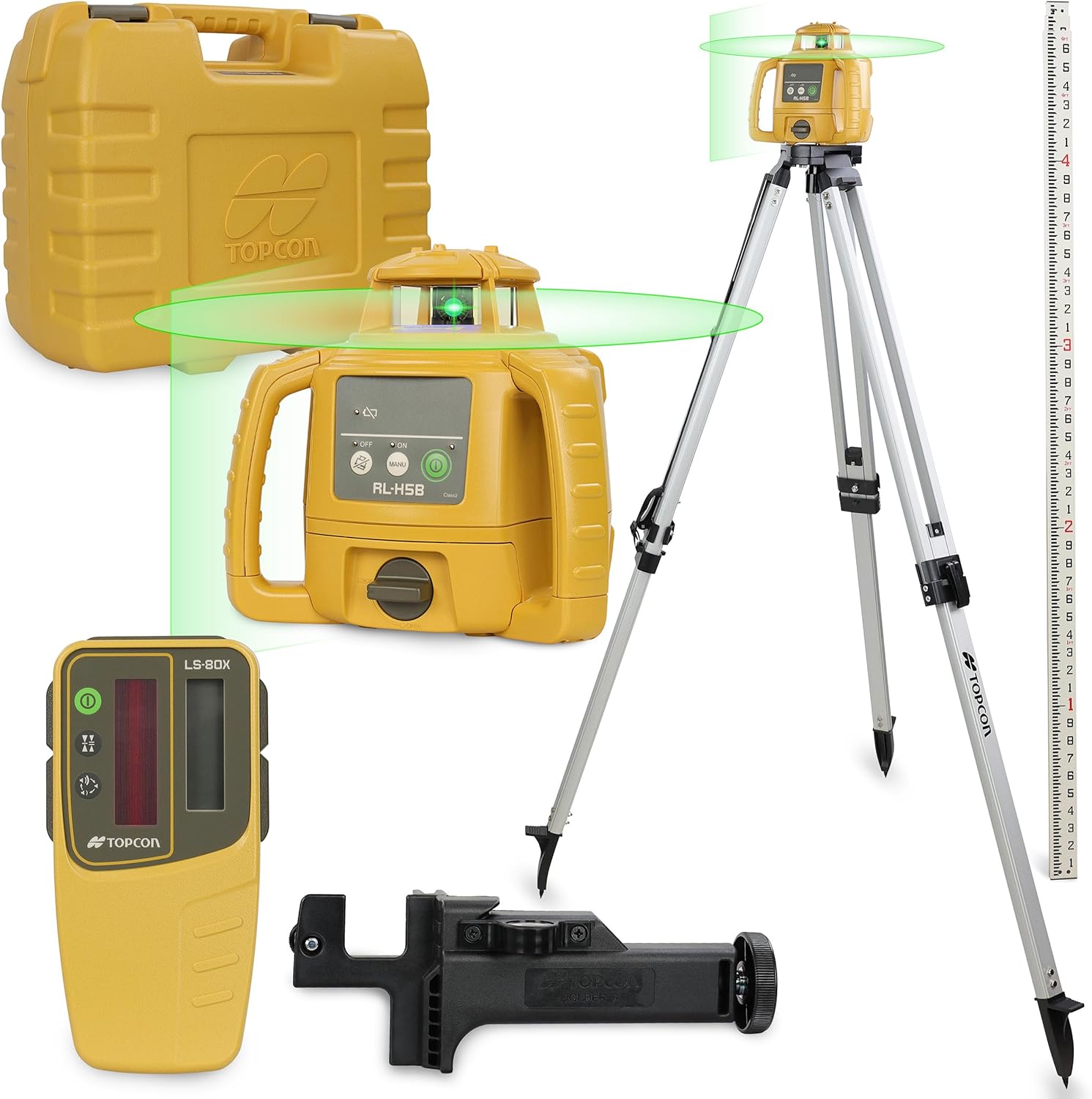 Topcon 327073-KIT RL-H5B Laser Transit Leveler Kit - LS-80X Rotary Laser Receiver with Rod Bracket - 36-60in Precision Level 360 Laser Tripod - 13ft Fiber Rod Level Tool with Tenth Increments for Construction