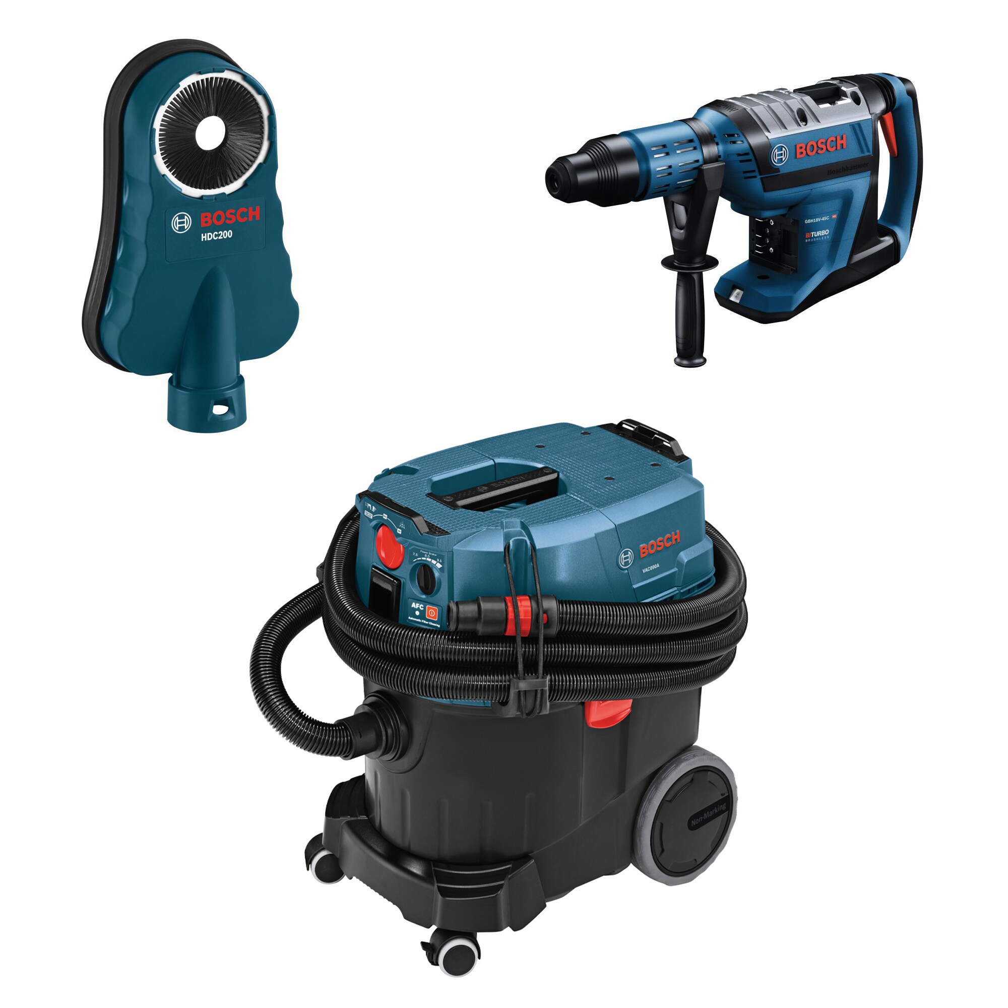 Bosch GBH18V-45CK 18V PROFACTOR™ 1-7/8 In. SDS-max Rotary Hammer (Bare Tool), HDC200 Dust Collection Attachment, and VAC090AH 9 Gallon Dust Extractor