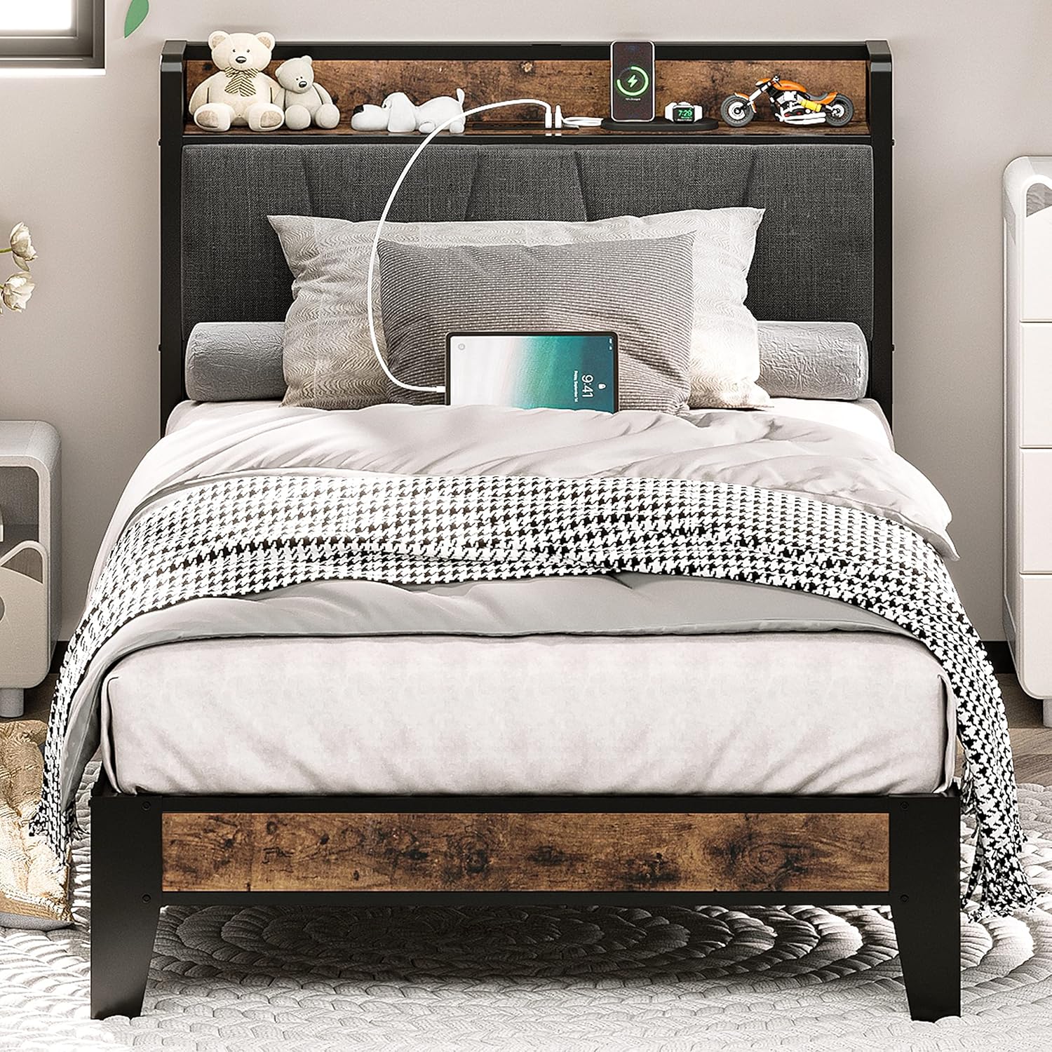Likimio USAN1040917 42.5-in W Vintage Brown and Grey Twin Bed Frame with Storage Headboard and Charging Station