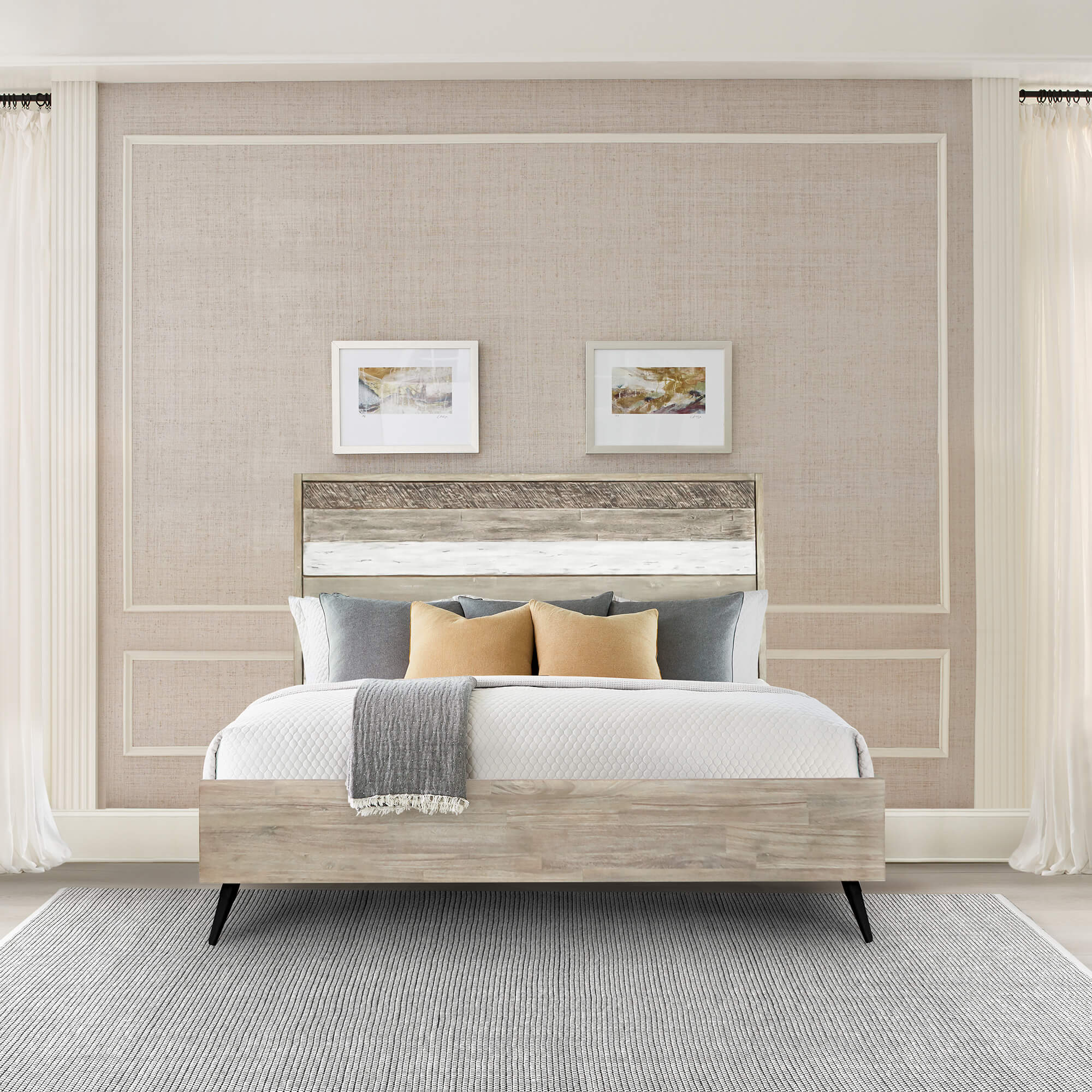 Transitional Two-Tone Acacia Wood King Platform Bed with Headboard