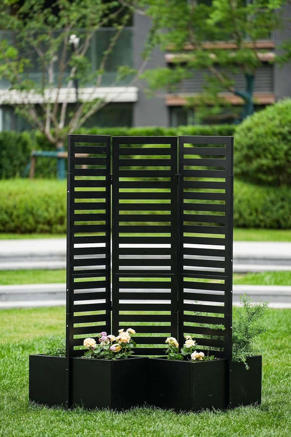 Qeetex GGL-PPG-33HW697E Privacy Screen with Planter Box Metal Garden Fence Panel 3Panel Freestanding Outdoor Room Divider with 4 Self Draining Raised Garden Beds for Patio Deck Yard