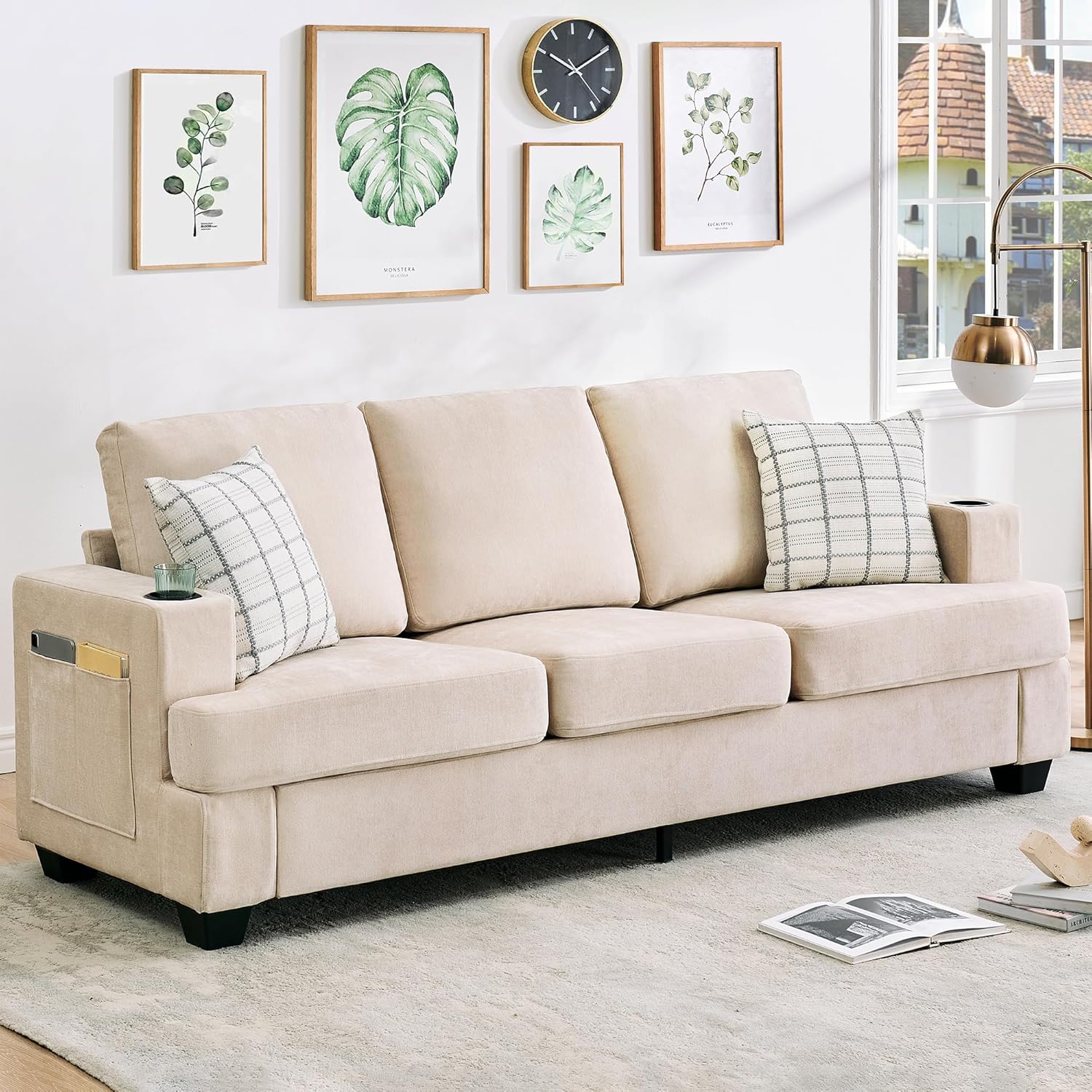 Qeetex LXL-PHO-344ESAYE Modern 3-Seater Sofa for Living Room Comfy with Deep Seat Chenille with Cup Holders and Side Storage Pockets Beige