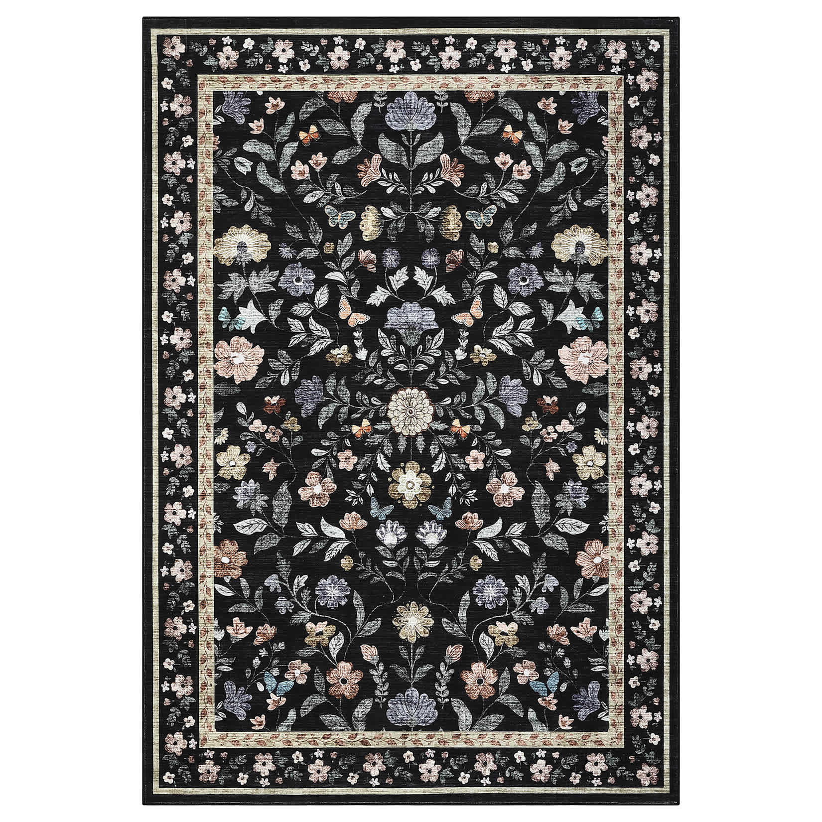 Qeetex LSN-PHK-33T39F6F 4 x 6 ft Polyester Cashmere Imitation Black Rectangular Hallway Bathroom Entryway Kitchen Office Foldable Flower Printed Modern Washable Area Rug