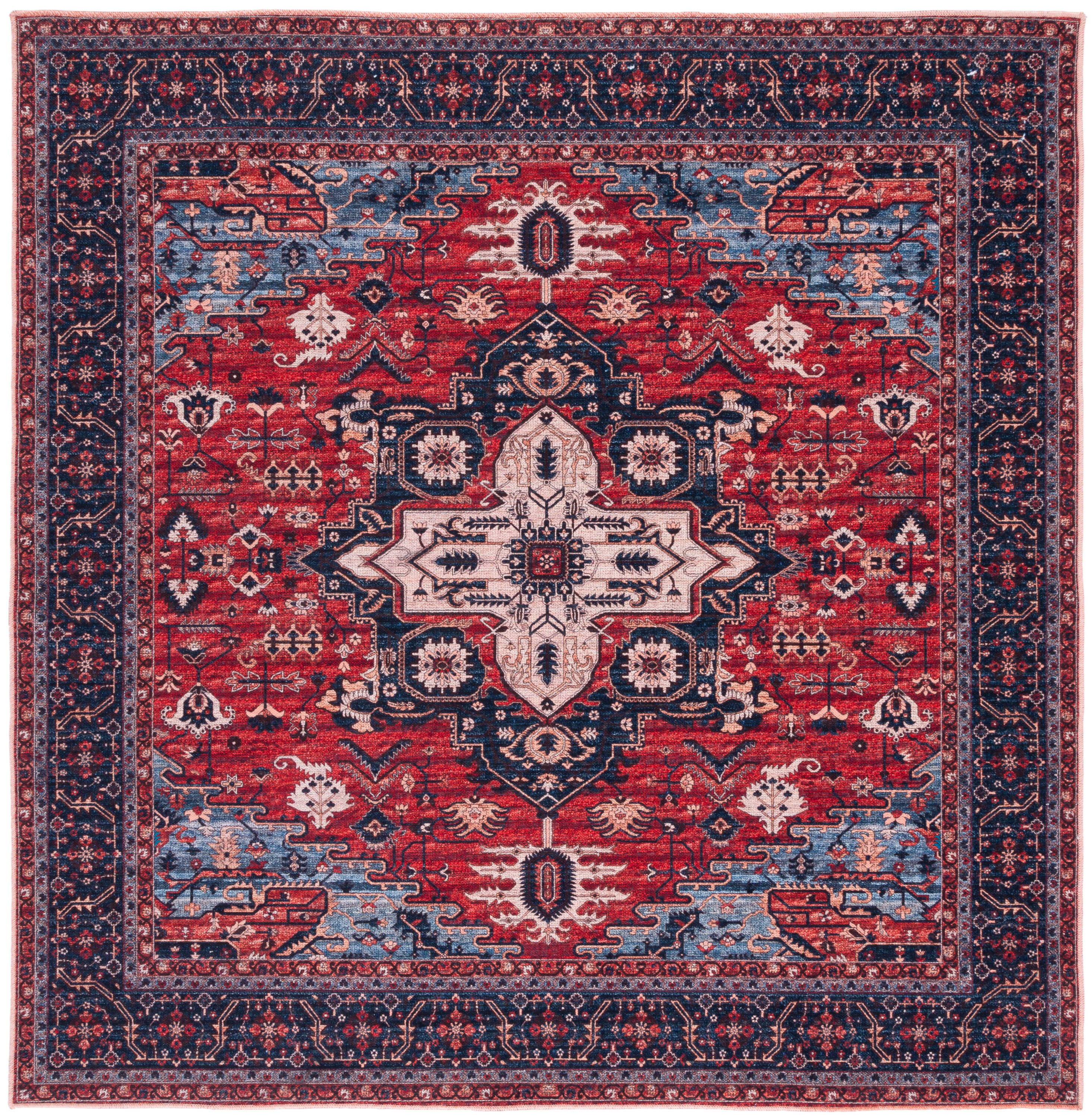 Serapi Red and Navy Square Viscose Area Rug