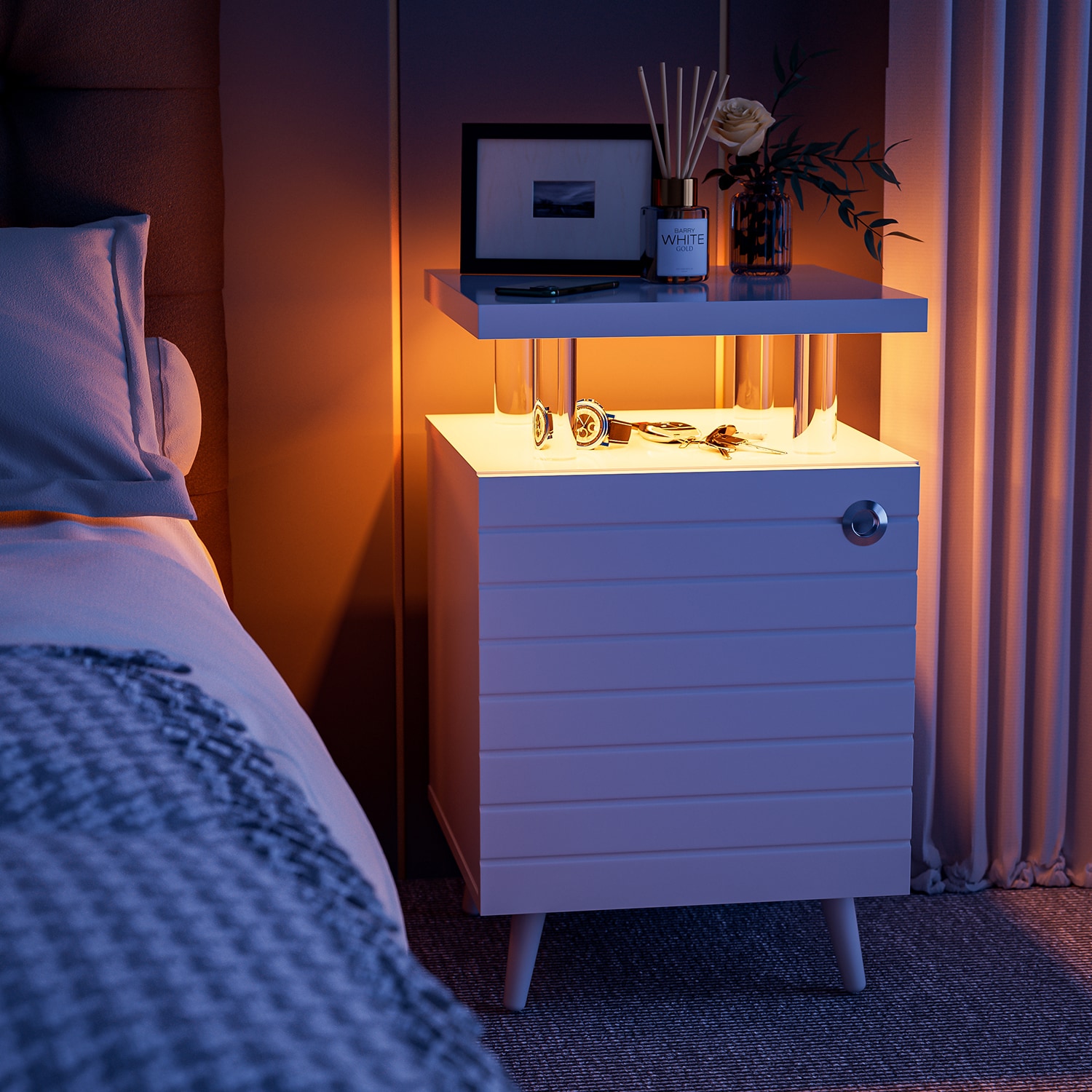 GZMR D0102CW-CROV LED Nightstand with 4 Acrylic Columns with Drawers White Nightstand