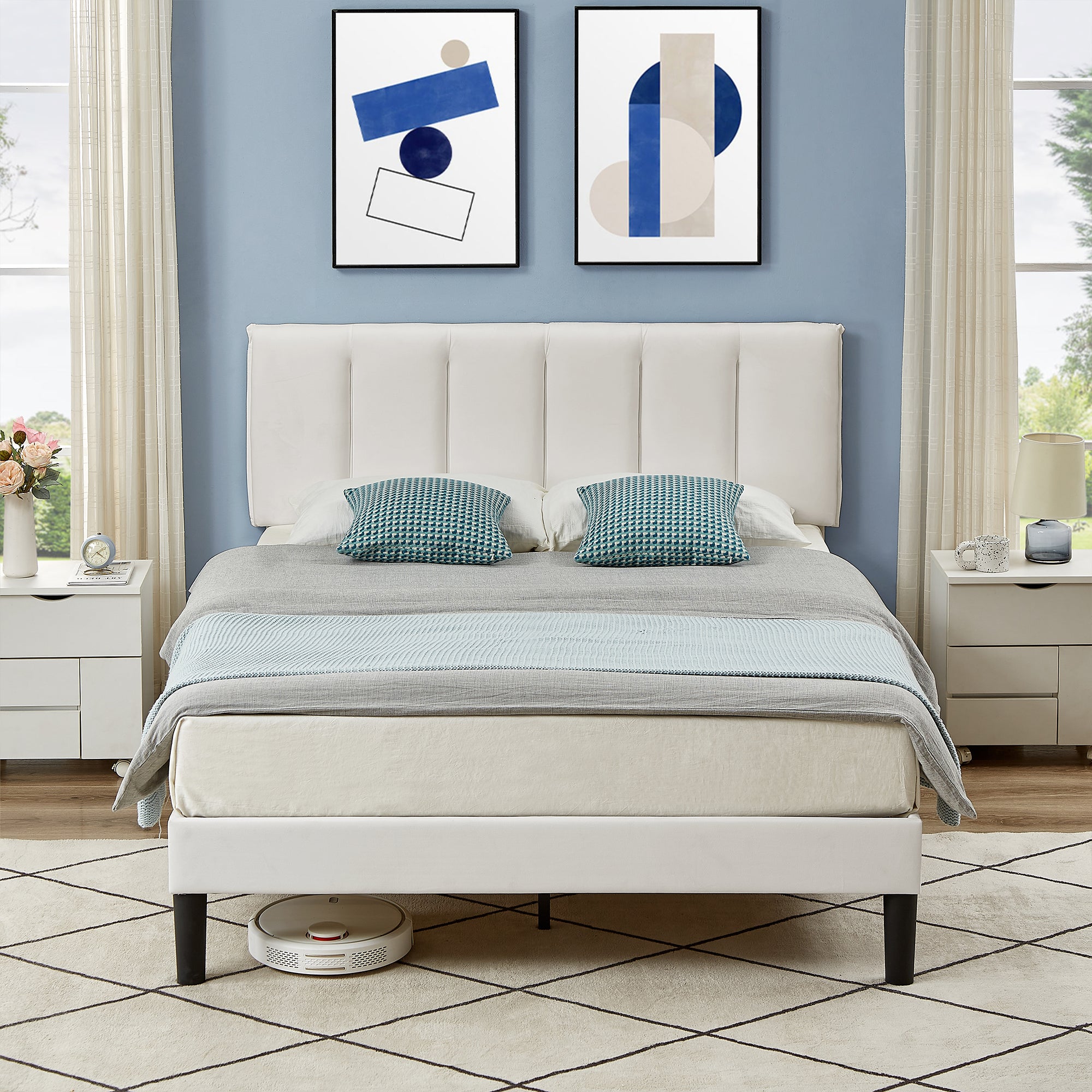 Vecelo LOE-CY-QB04-WHT Queen Bed Frame with Upholstered Adjustable Headboard Heavy Duty Platform Bed Frame with Strong Wooden Slats Support White