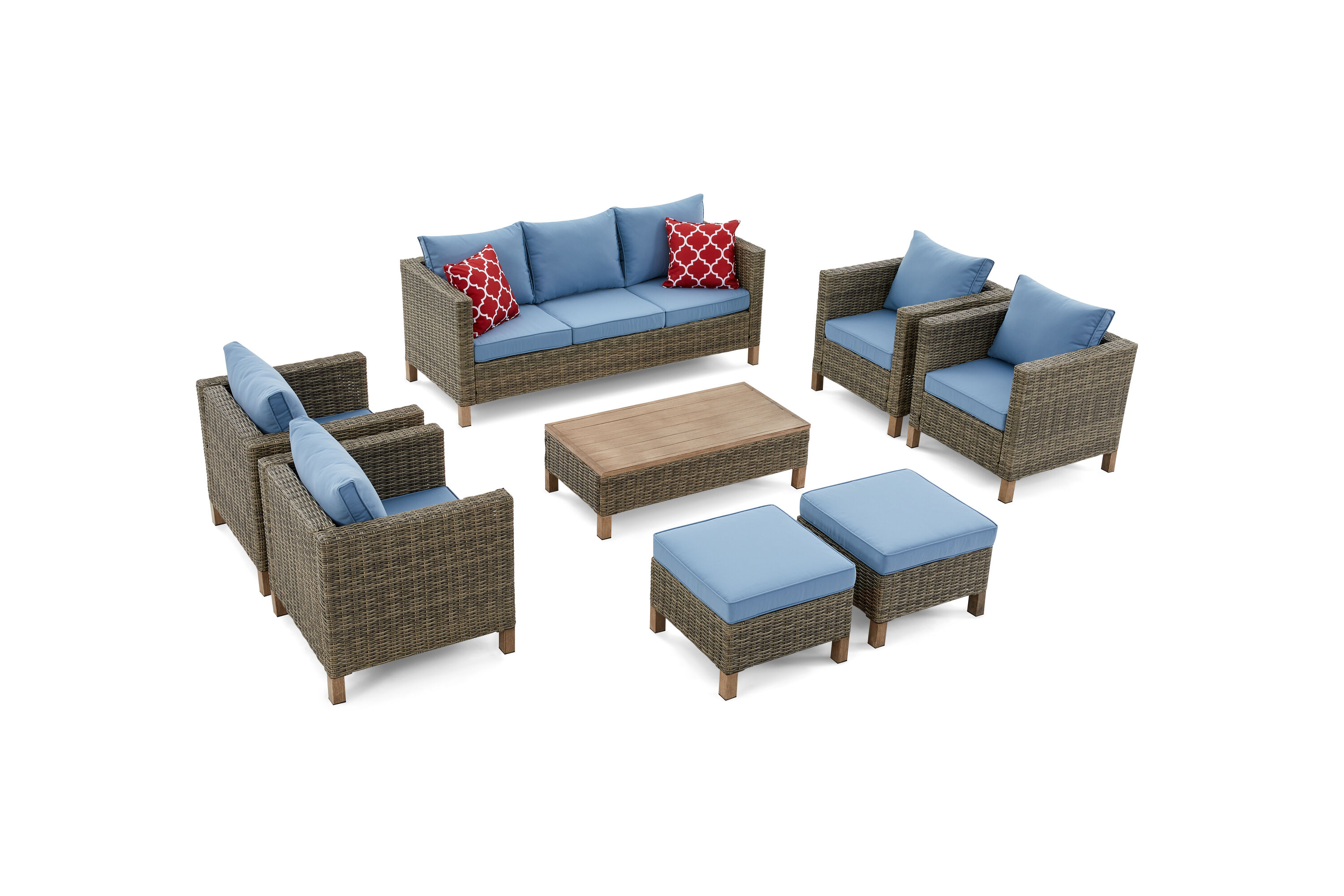 EDYO LIVING SMX04-BL 7 -Piece Wicker Patio Sofa Conversation Set with Blue Cushions