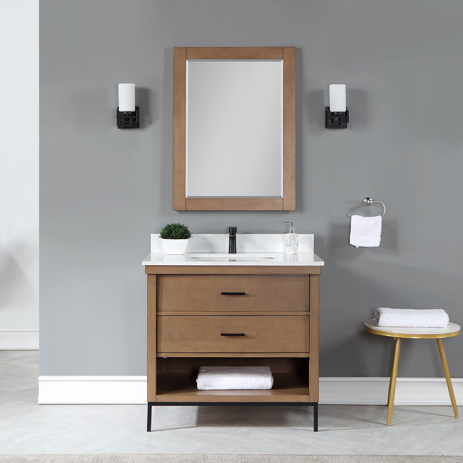 Altair 545036-BR-AW Kesia 36-in Brown Pine Undermount Single sink Bathroom Vanity with Aosta White Engineered marble Top (Mirror Included)