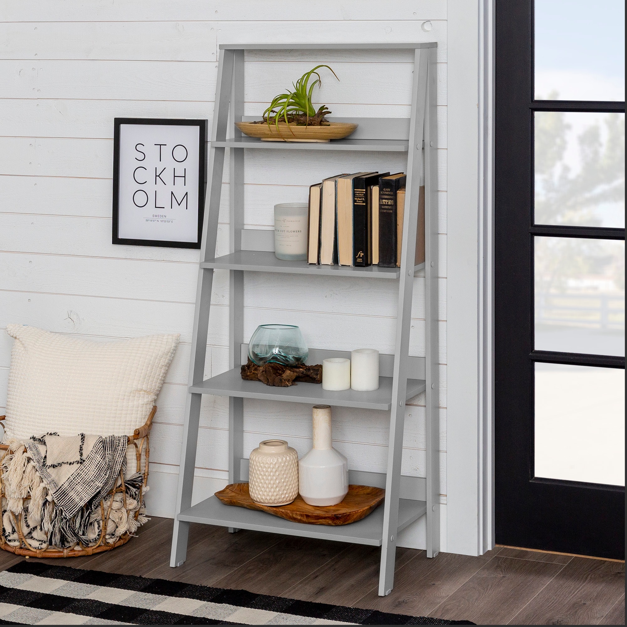 Walker Edison Grey Wood 4 Shelf Ladder Bookcase 24 In W X 55 In H X 13 In D Lws55ldgy At 7016