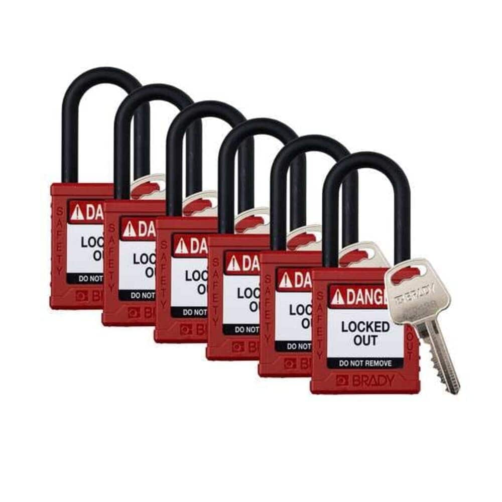Brady  Padlock6 PinsRedPK6 Keyed Alike Nylon Red 1 1/2 in Shackle Height 1 1/2 in Body Width 6 PK