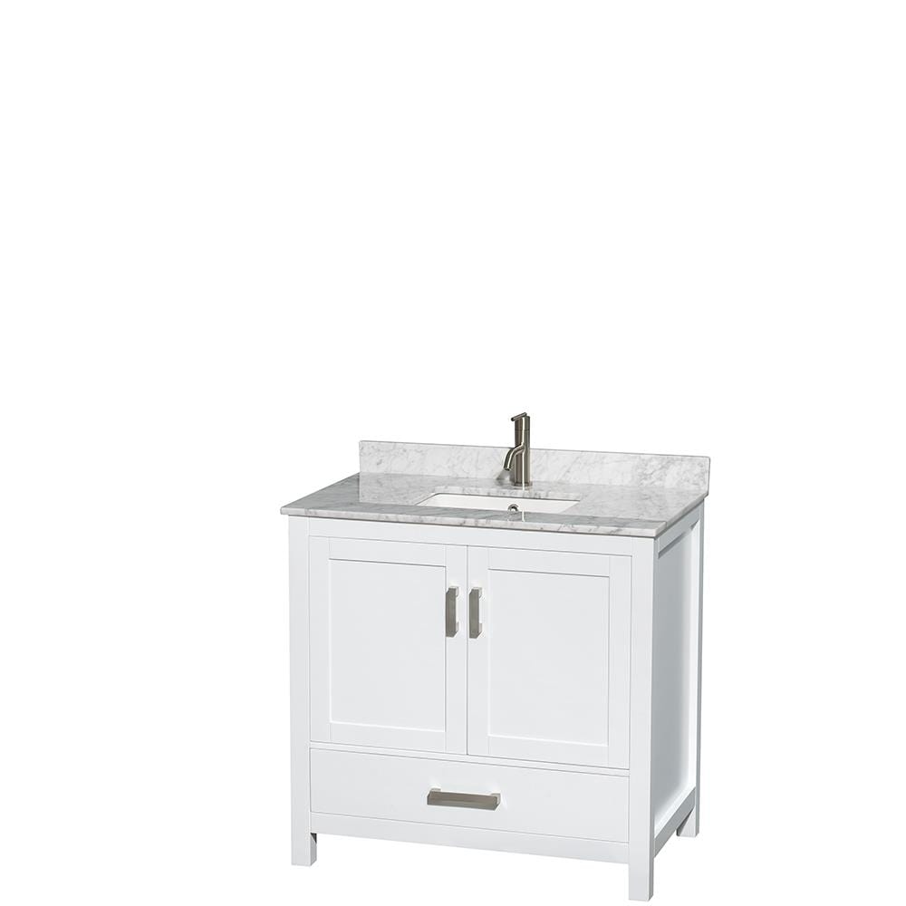 Wyndham Collection WCS141436SWHCMUNSMXX Sheffield 36-in White with Brushed Chrome Trim Undermount Single Sink Bathroom Vanity with White Carrera Natural Marble Top