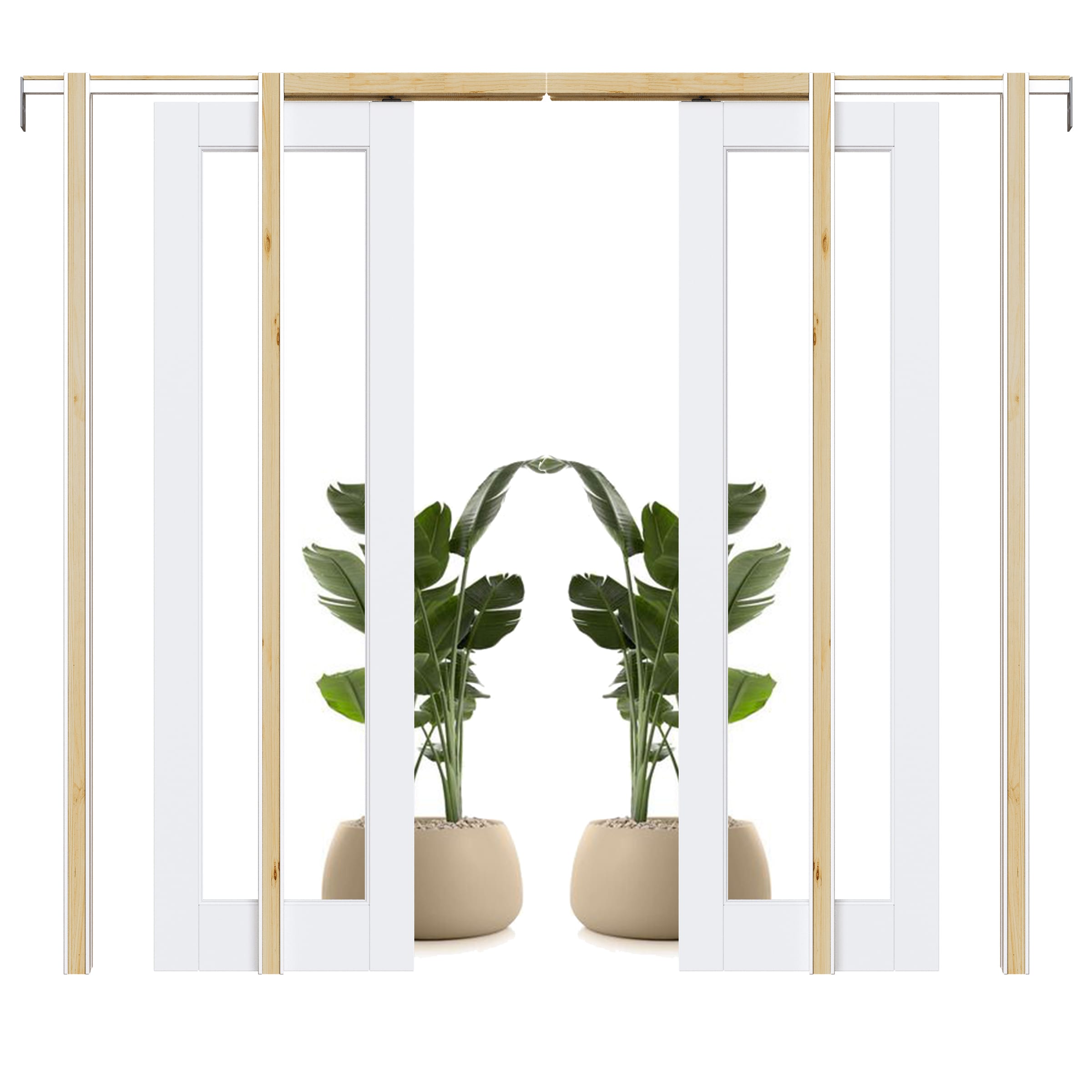 JUJUBON IN-PDPDF-1L-CG-SC-48 48-in x 80-in Wood Pocket Door Frame with 1-Lite Clear Glass White Primed MDF Pocket Sliding Door and Hardware Soft Close Included