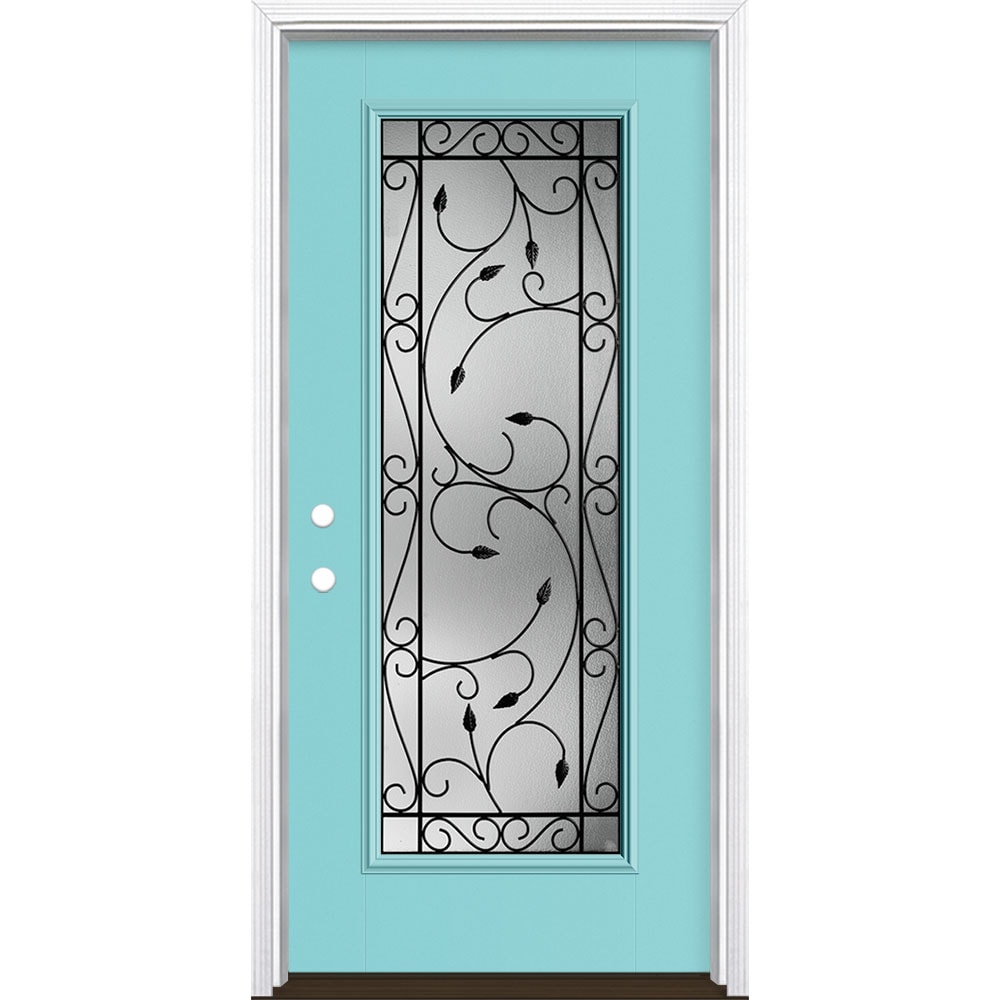 Masonite 3422738 Pergola 36-in x 80-in x 4-9/16-in Fiberglass Full lite Right-hand inswing Caribbean Blue Painted Prehung Front Door with Brickmould Insulating core