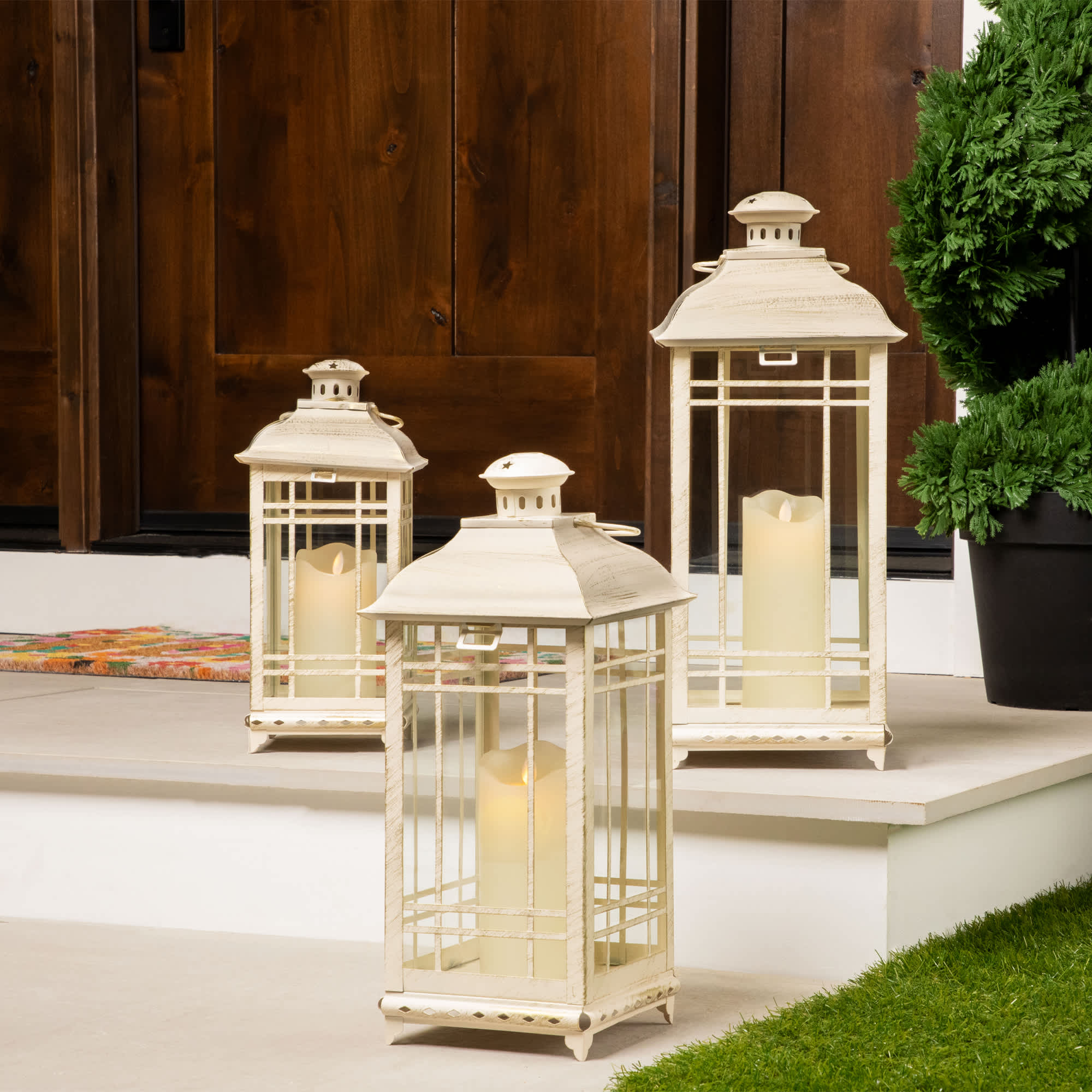 Northlight Weathered Mission Style Metal Candle Lanterns - 19.5 inch - Cream and Gold - Set of 3