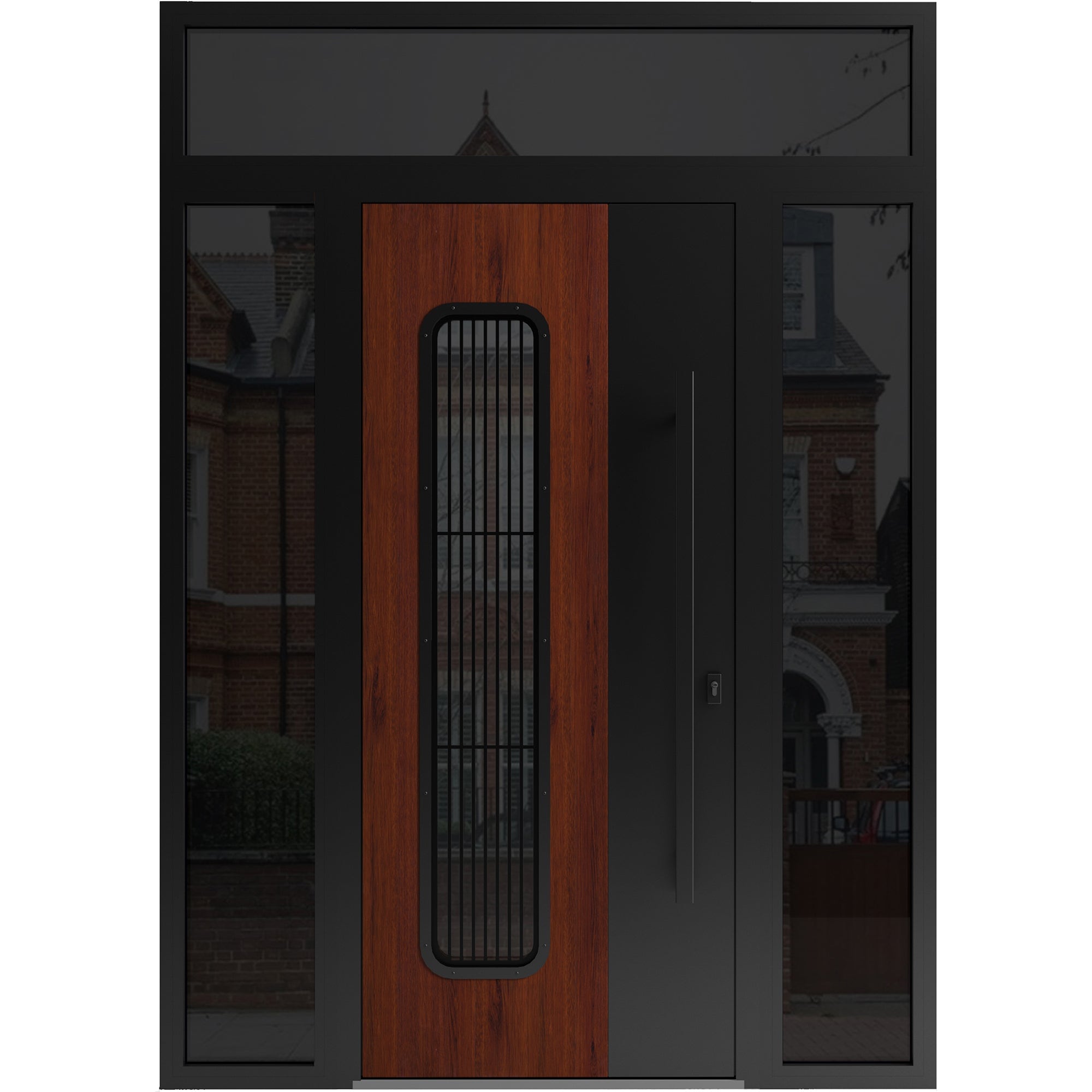 Vdom doors 0511EBR1236128014RI RONEX0511 Exterior Prehung Steel Door with Double Sidelites and Transom Sand Oak 60-in x 94-in Right-hand inswing