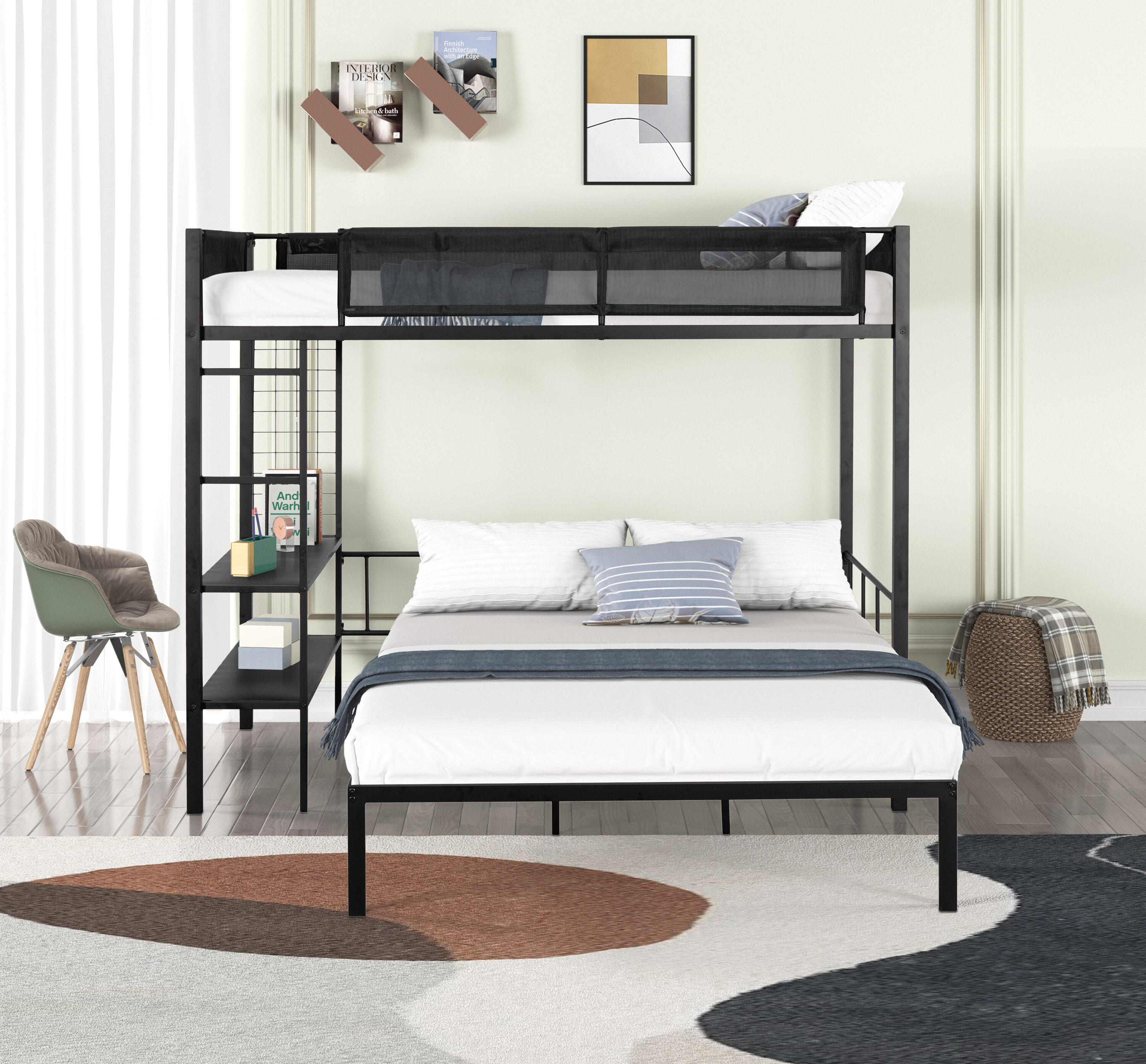 LOVMOR SF-Y-W427S00029 Metal Twin over Full Bunk with Shelves Grid Panel Sturdy Metal Bed Frame Noise-free Wood Slats Comfortable Textilene Guardrail Built-in 2-tier Shelves Grid Panel Separated Full size Bed