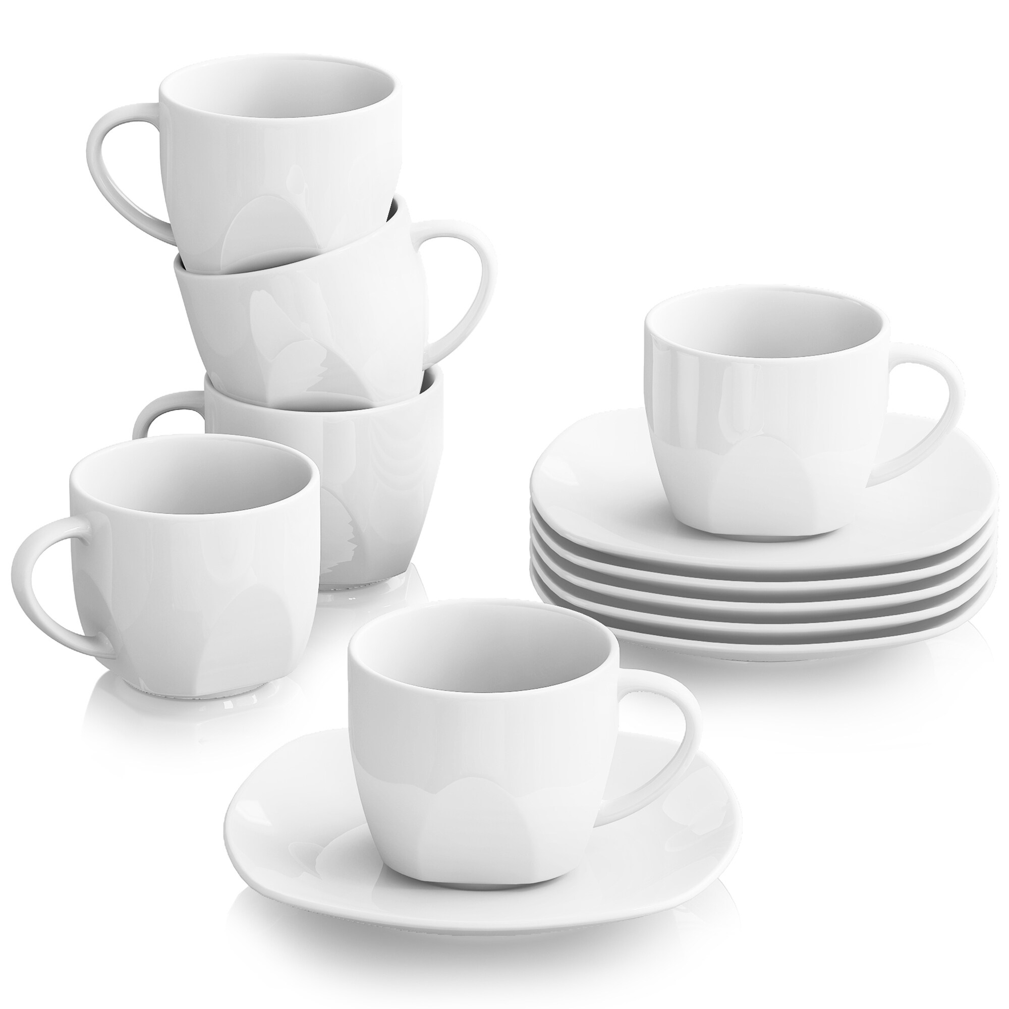 Our Table Simply White Fine Ceramic 6 Piece Square Cup and Saucer Set in White