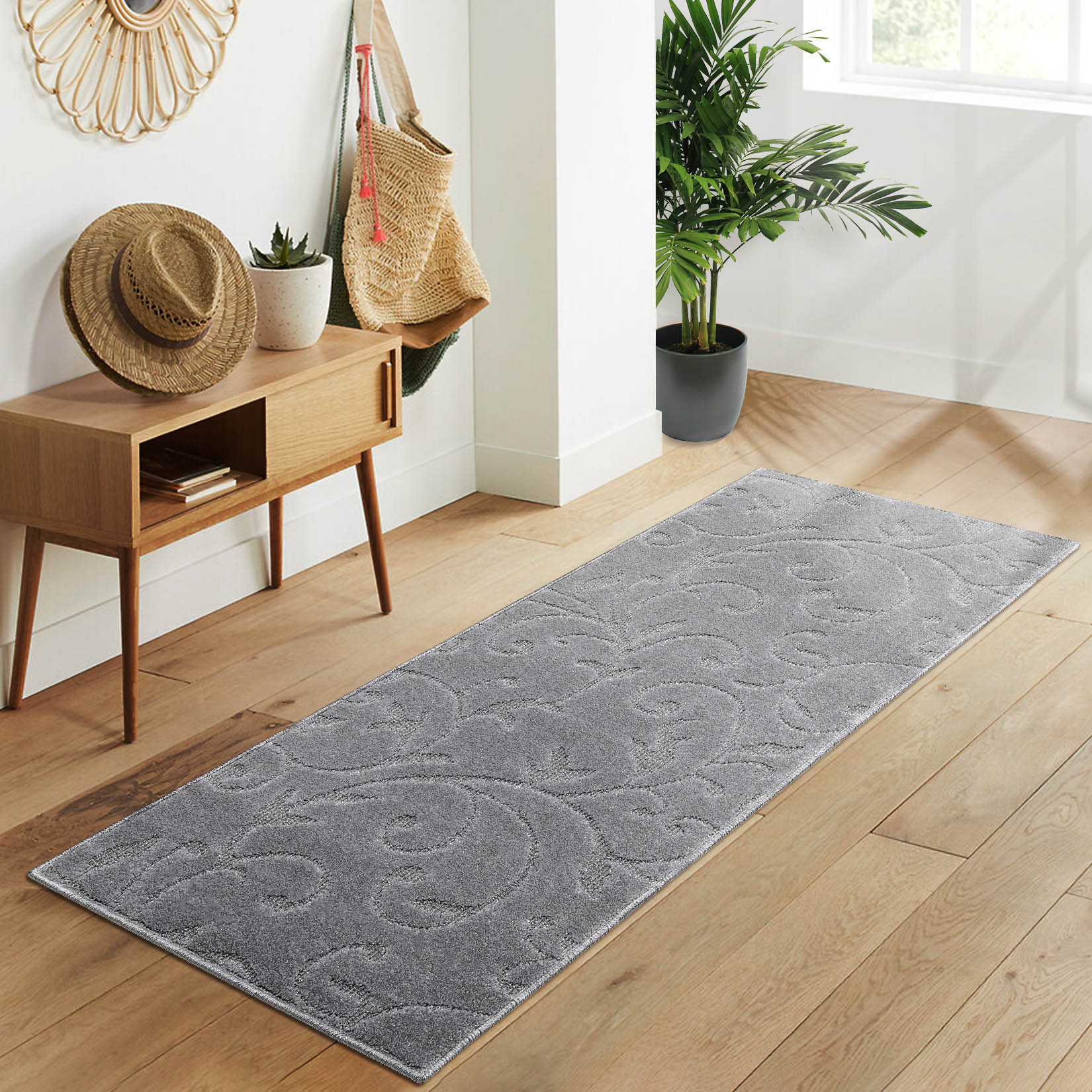 Garvee YXY-LO-PHO-0Z2ZX33W 2 x 6 (ft) Loomed Polyester Light Gray Rectangular Indoor Floral/Botanical Tropical Machine washable Runner rug