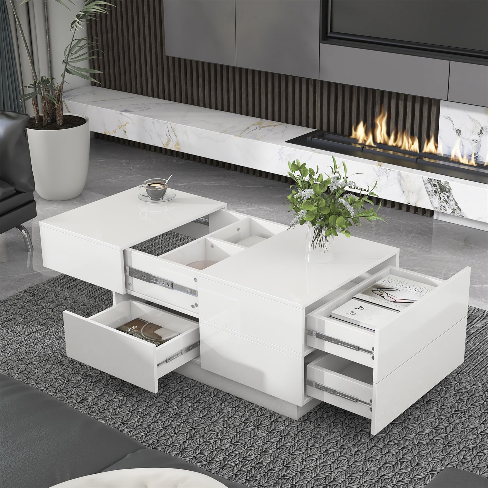 BESTCOSTY WF303LJW590AAK-XLL Extendable Coffee Table with 4 Drawers Rectangle Cocktail Table with Hidden Storage Compartment