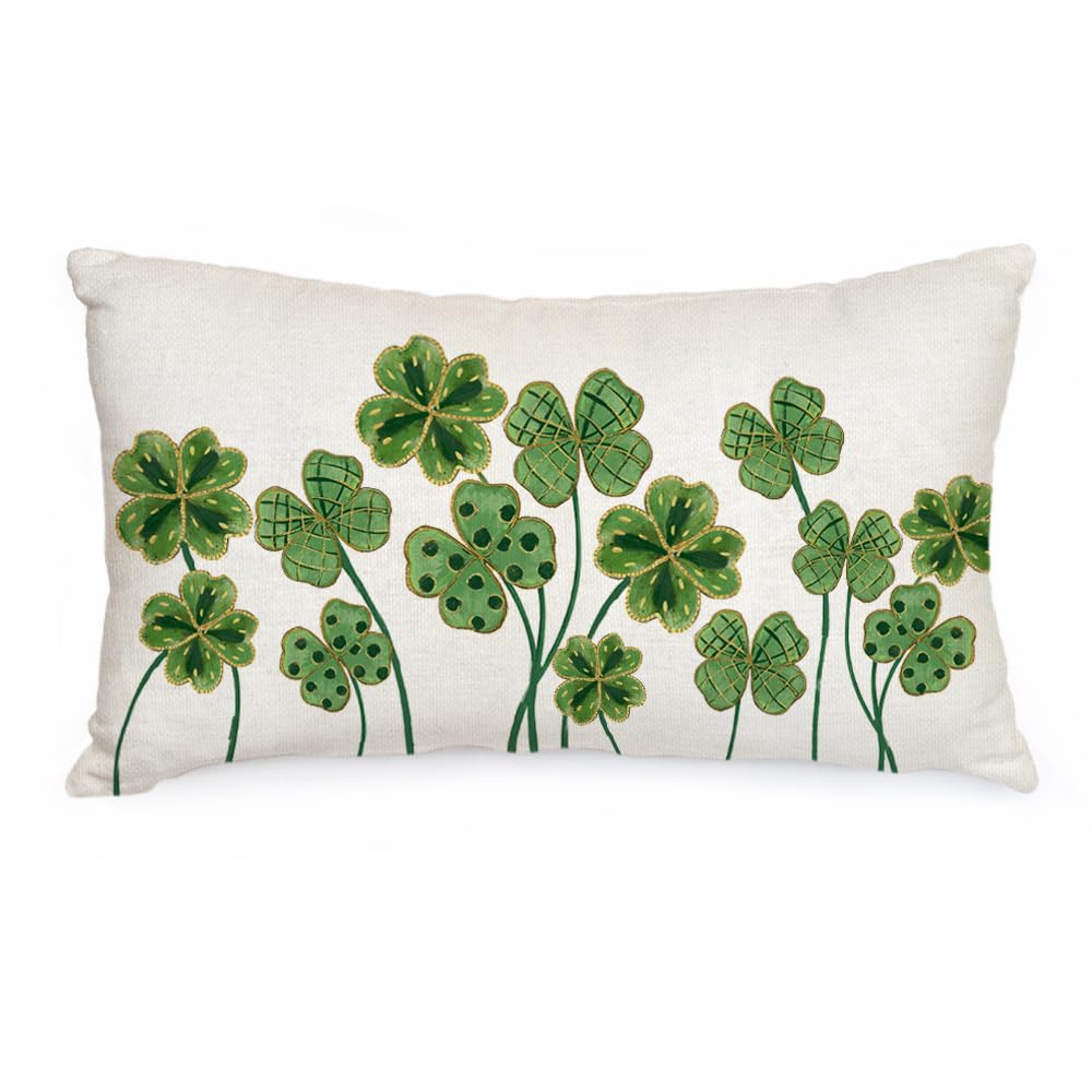 Afoxsos  St Patricks Day Pillow Cover 12x20 Inch Clover Decorative Green Polyester Durable Machine Washable Hidden Zipper for Sofa Couch Chair