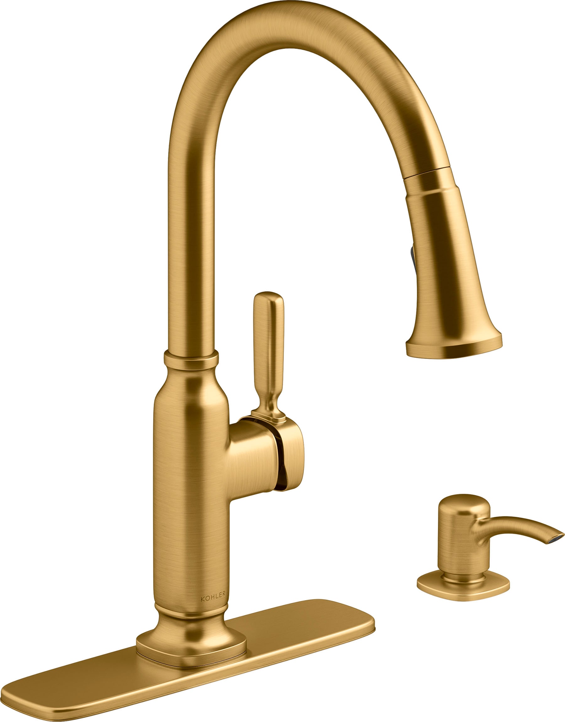 KOHLER Ealing Vibrant Brushed Moderne Brass Single Handle Pull-down Kitchen  Faucet with Deck Plate and Soap Dispenser Included in the Kitchen Faucets  department at