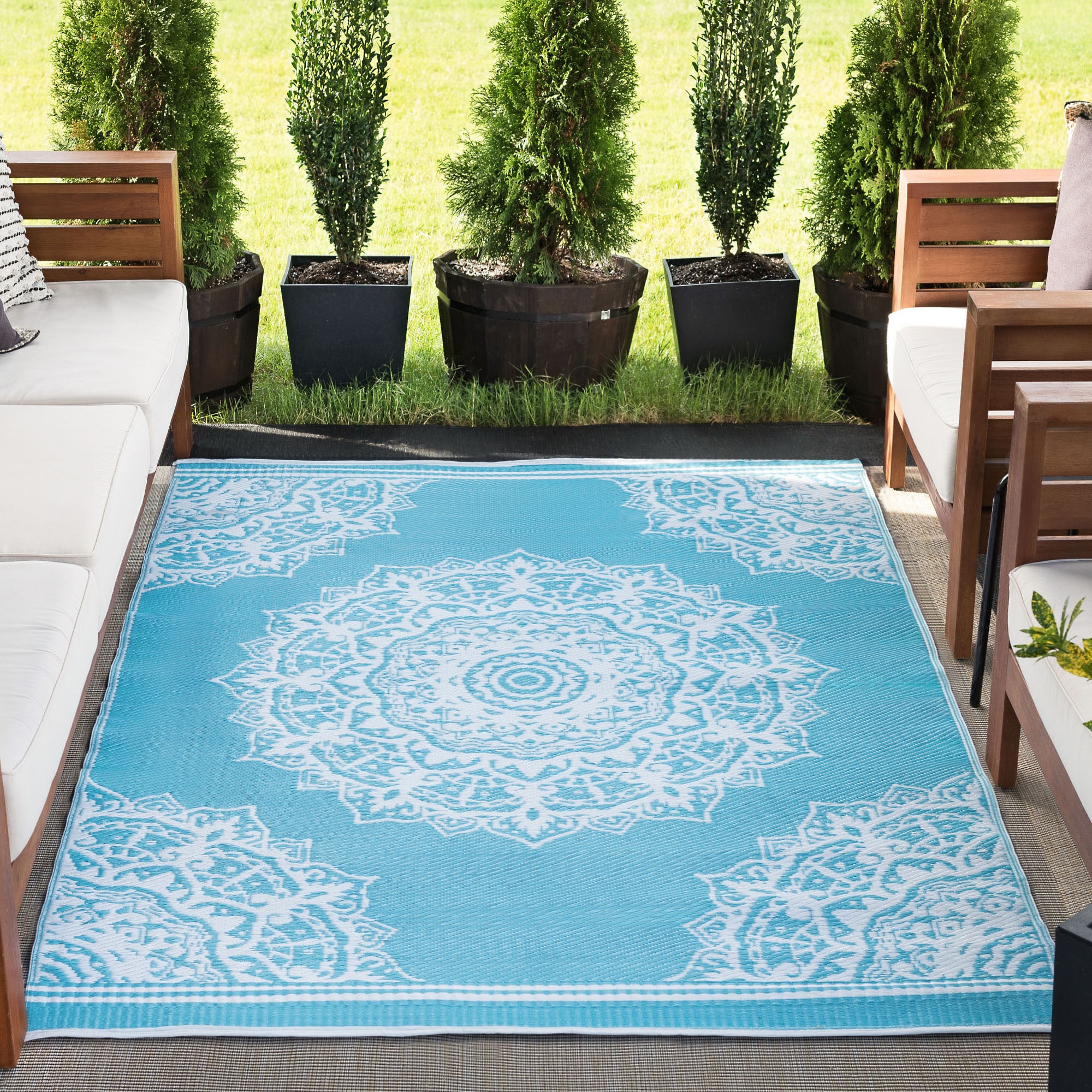 Tayse SUN1201 9X12 Sunset 9 x 12 (ft) Flatweave Polypropylene Aqua Rectangular Outdoor Medallion Coastal Area rug