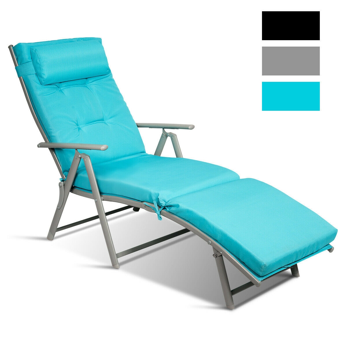 LIVIZA OUG64243LS White Metal Frame Stationary Chaise Lounge Chair with Blue Cushioned Seat