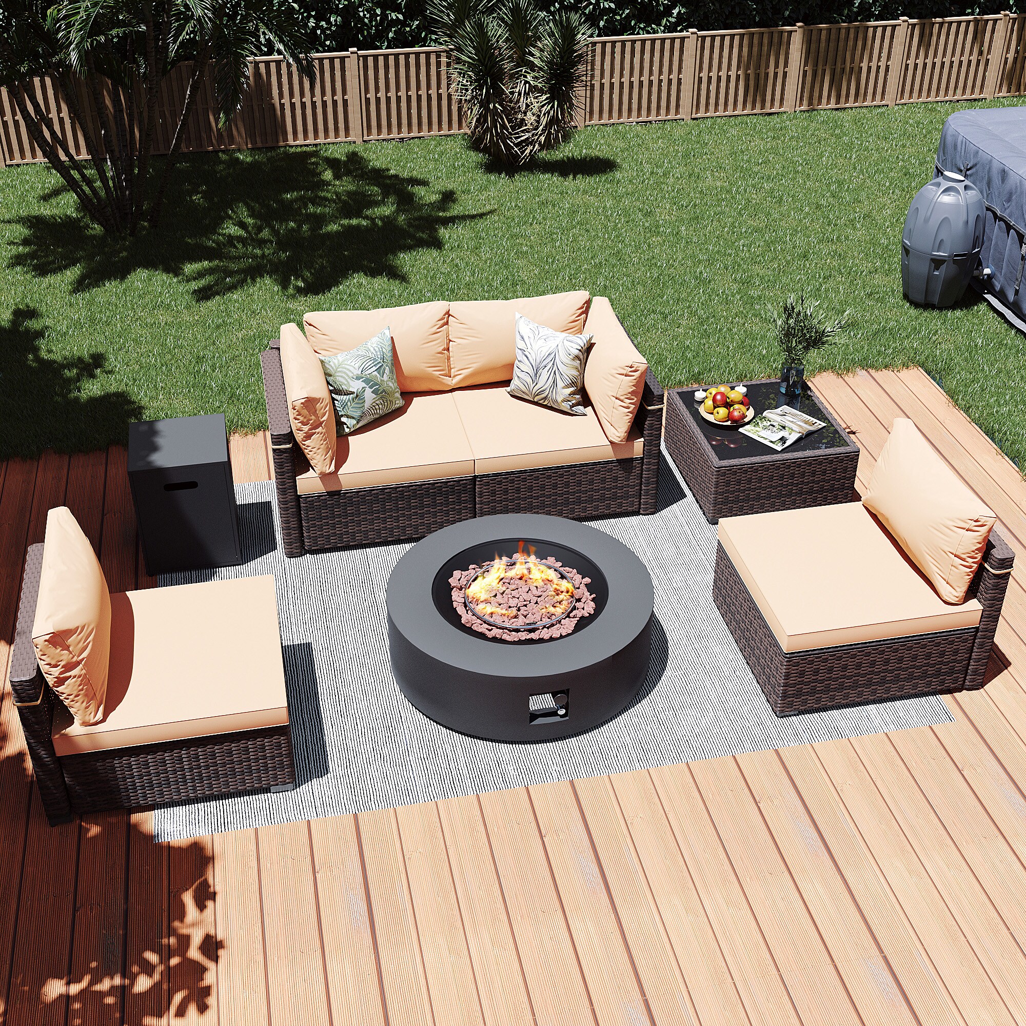 Patio Watcher LS-RT5-KD42DK-B1 6 -Piece Rattan Patio Conversation Set with Beige Cushions