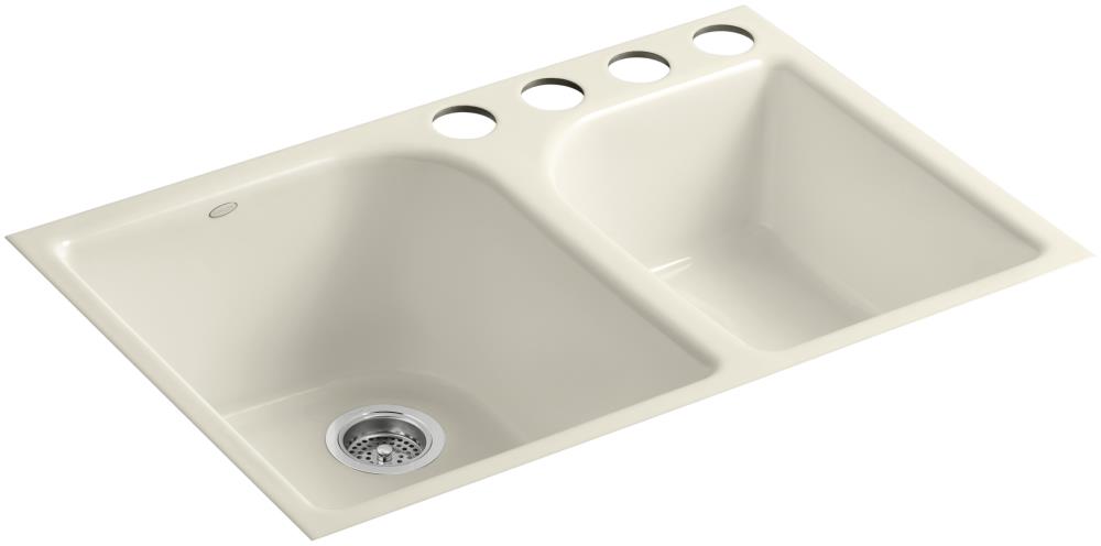 Kohler Executive Chef Undermount 33 In X 22 In Almond Double Offset Bowl 4 Hole Kitchen Sink In The Kitchen Sinks Department At Lowes Com