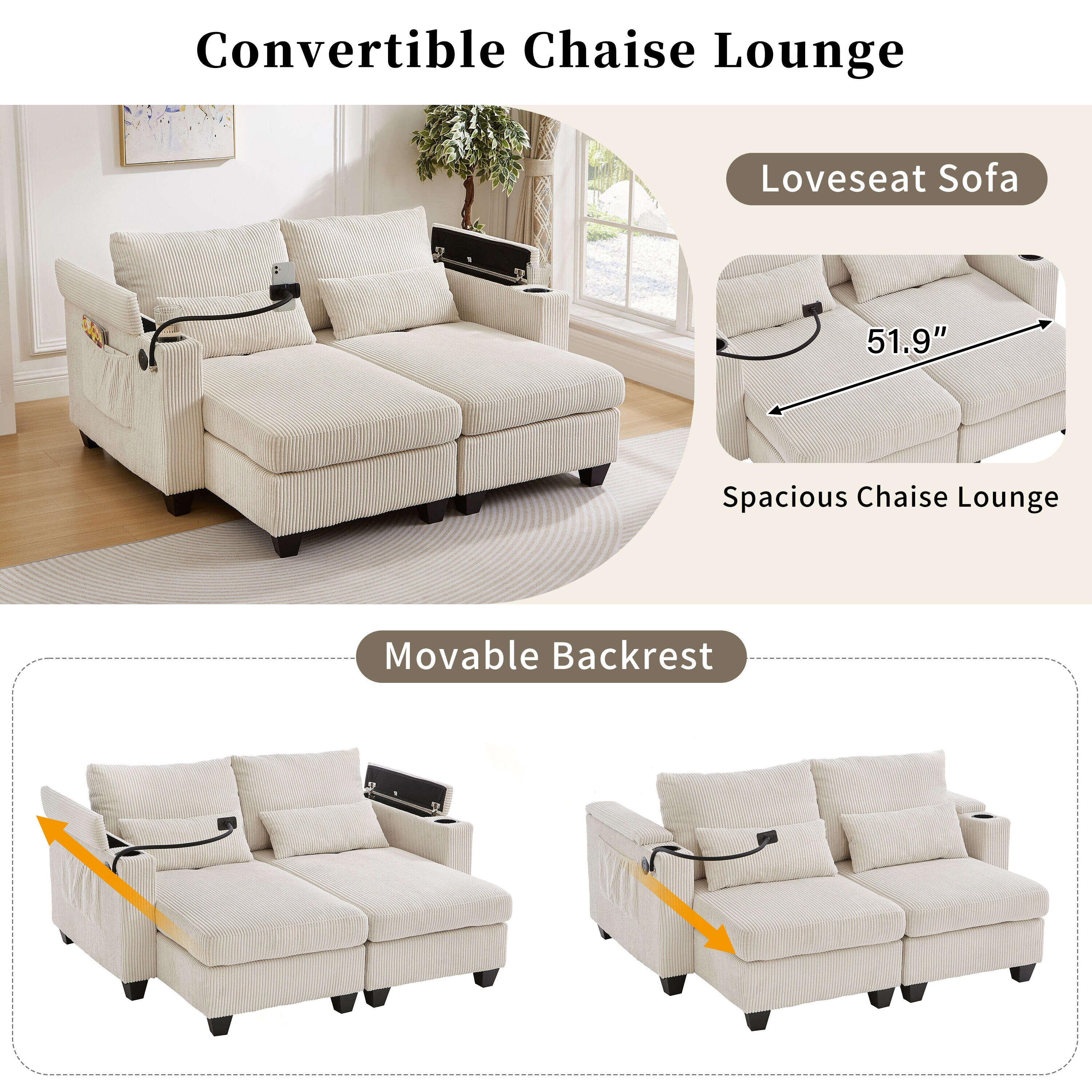 LOVMOR Convertible Chaise Lounge 63 Inch Loveseat Sofa Bed Corduroy USB ...