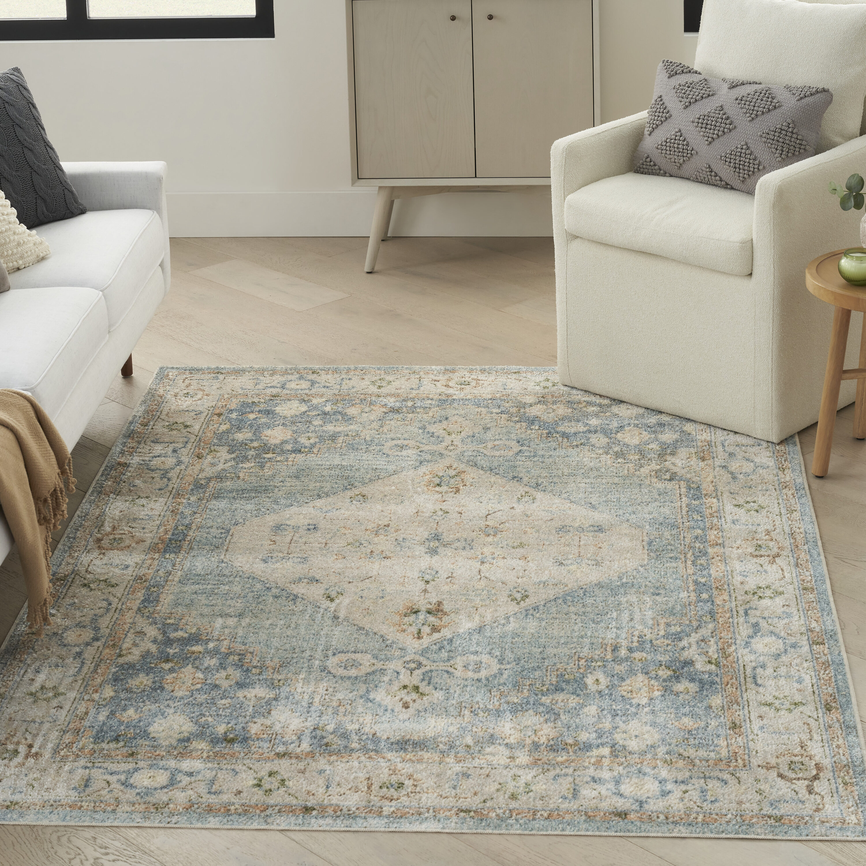 Nourison Home 099446944603 Astra Machine Washable 4 x 6 (ft) Loomed Polyester Silver Blue Rectangular Indoor Medallion Vintage Machine washable Area rug