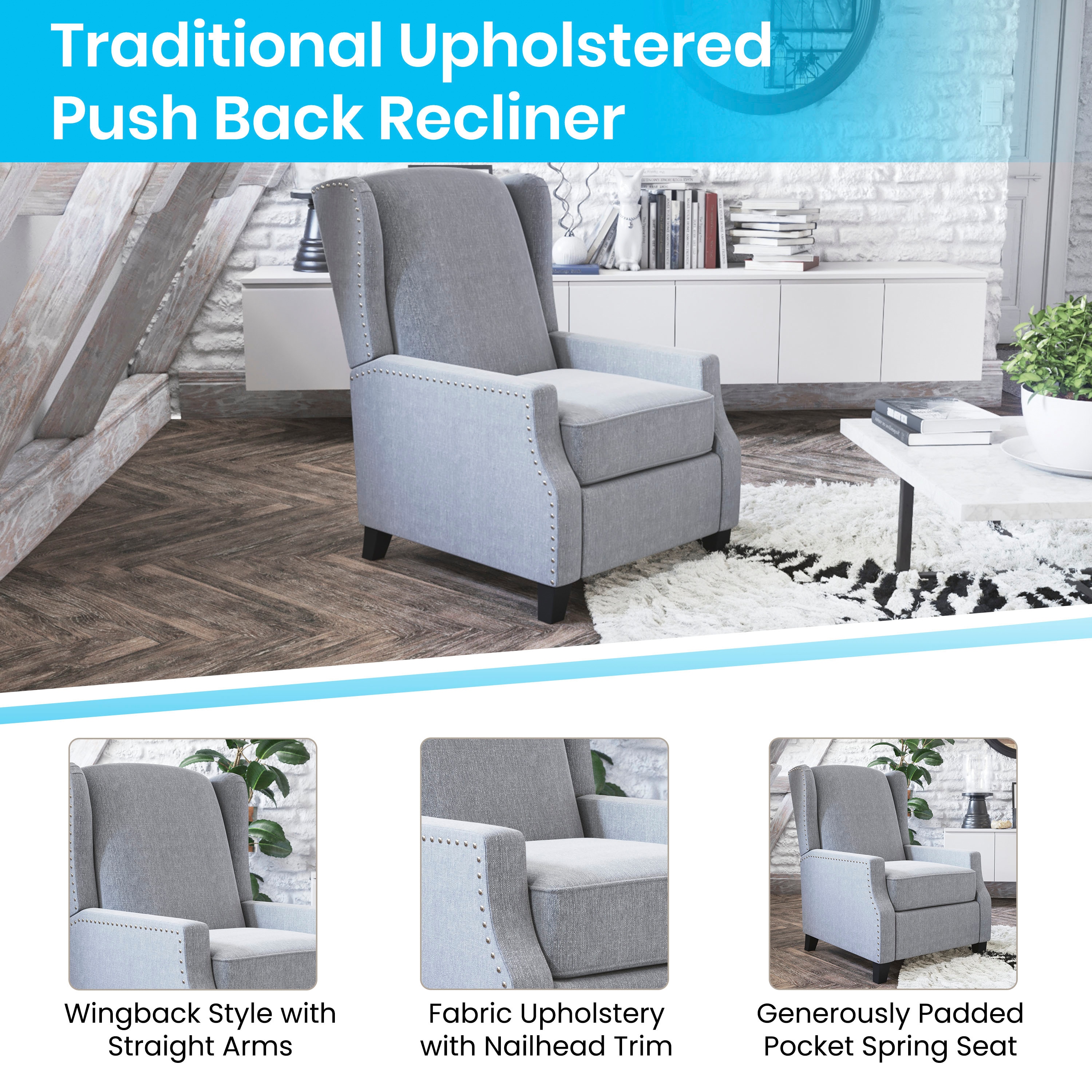 Modern Slim Silhouette Gray Recliner with Metal Nailhead Trim
