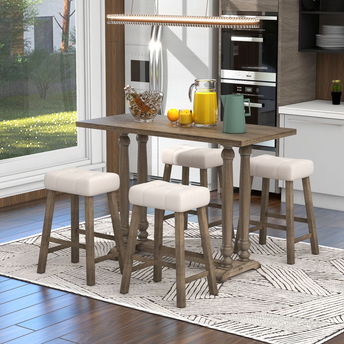 JASMODER ST000068AAD 5-Piece Dining Table Set, Counter Height Dining Furniture With A Rustic Table And 4 Upholstered Stools For Kitchen, Dining Room (Light Brown)