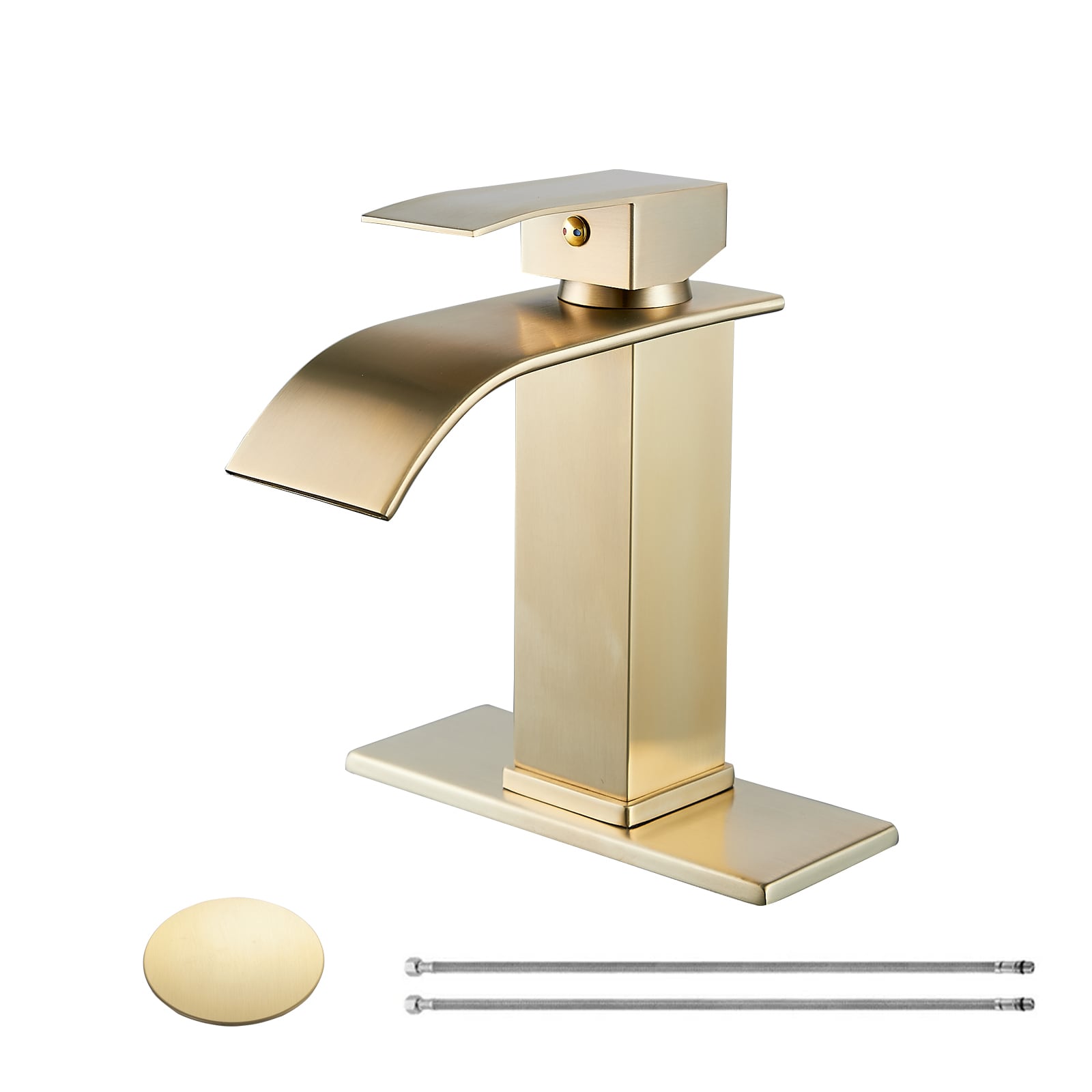 BYH B-BF001-BG Brushed Gold Single hole 1-handle WaterSense Waterfall Commercial/Residential Handle Bathroom Sink Faucet with Drain with Deck Plate