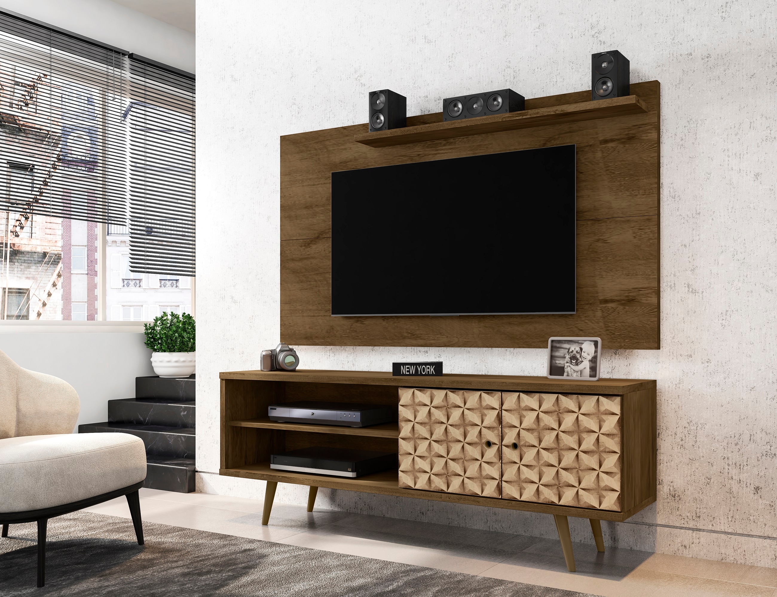 Manhattan Comfort 221-201AMC97 Liberty Modern/Contemporary Rustic Brown and 3D Brown Prints TV stand Integrated TV Mount ( Accommodates TVs up to 50-in )