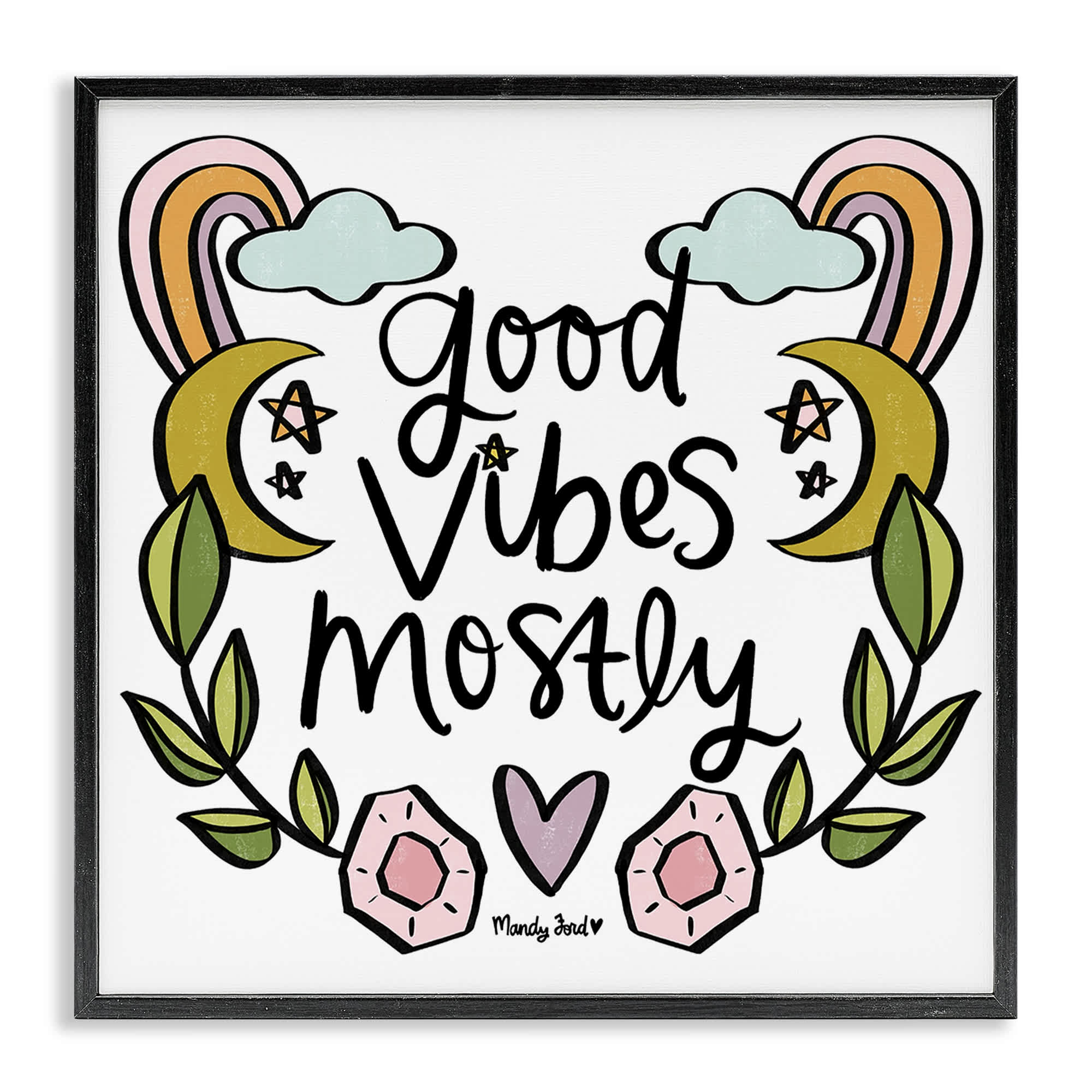 Stupell Industries BS-309-FR-17X17 Good Vibes Mostly Black Framed Giclee Art By Mandy Ford Art + Illustration 17 x 17